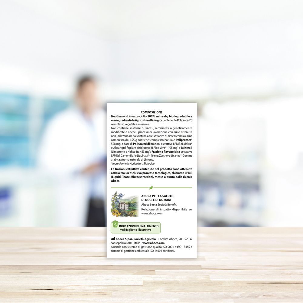 Rückseite der Neobianacid-Schachtel. Informationen zu Inhaltsstoffen. Medizinprodukt.
