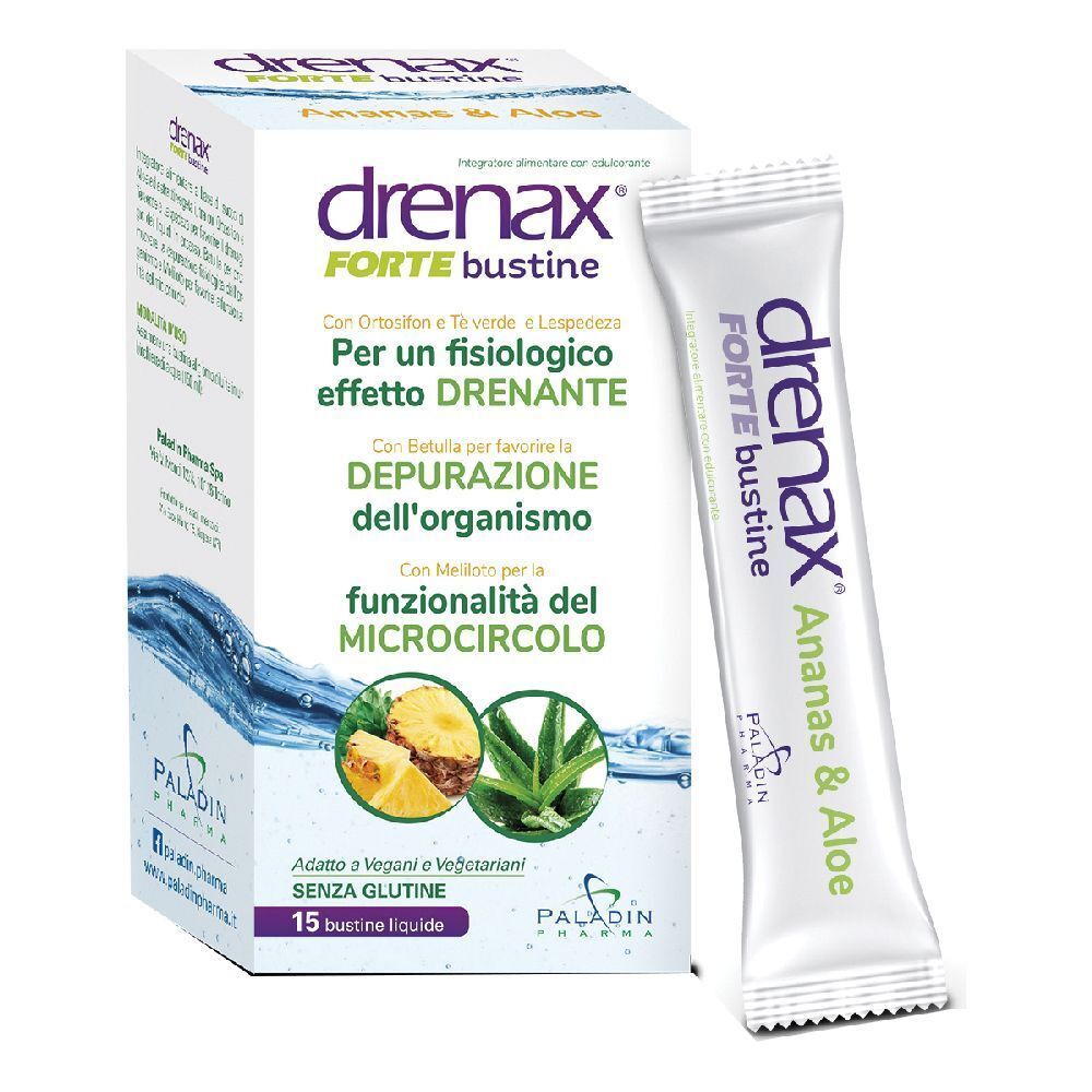 Scatola e bustina Drenax Forte Bustine, Ananas & Aloe. 15 bustine liquide. Marchio Paladin Pharma visibile.