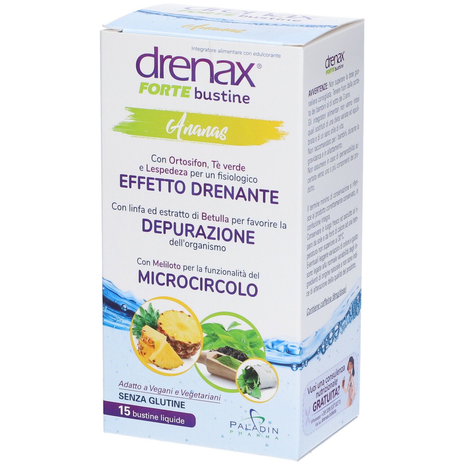 Scatola Drenax Forte Bustine, Ananas. Effetto drenante, Depurazione dell'organismo, Microcircolo. 15 bustine liquide.