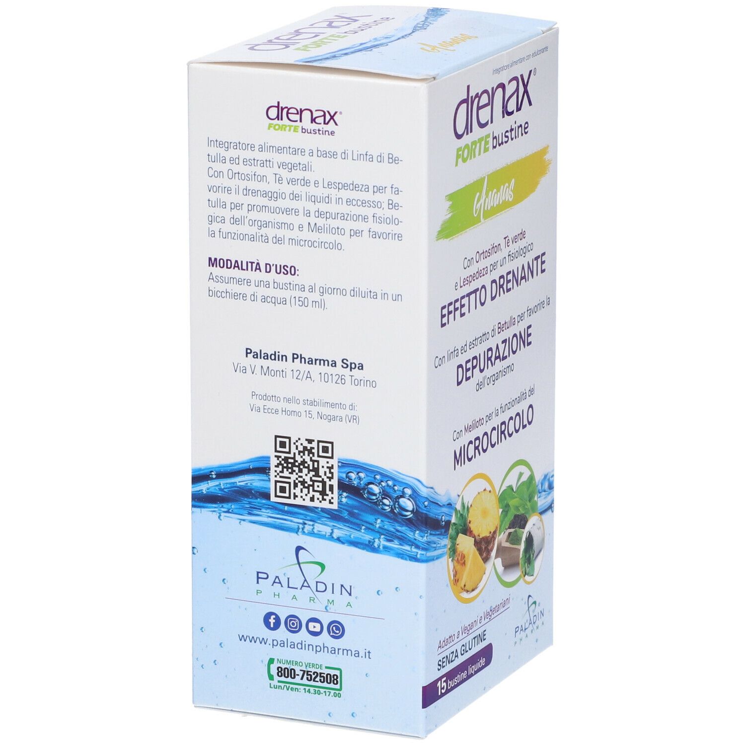 Retro scatola Drenax Forte Bustine. Testo: Modalità d'uso, Paladin Pharma, QR code, 15 bustine liquide.