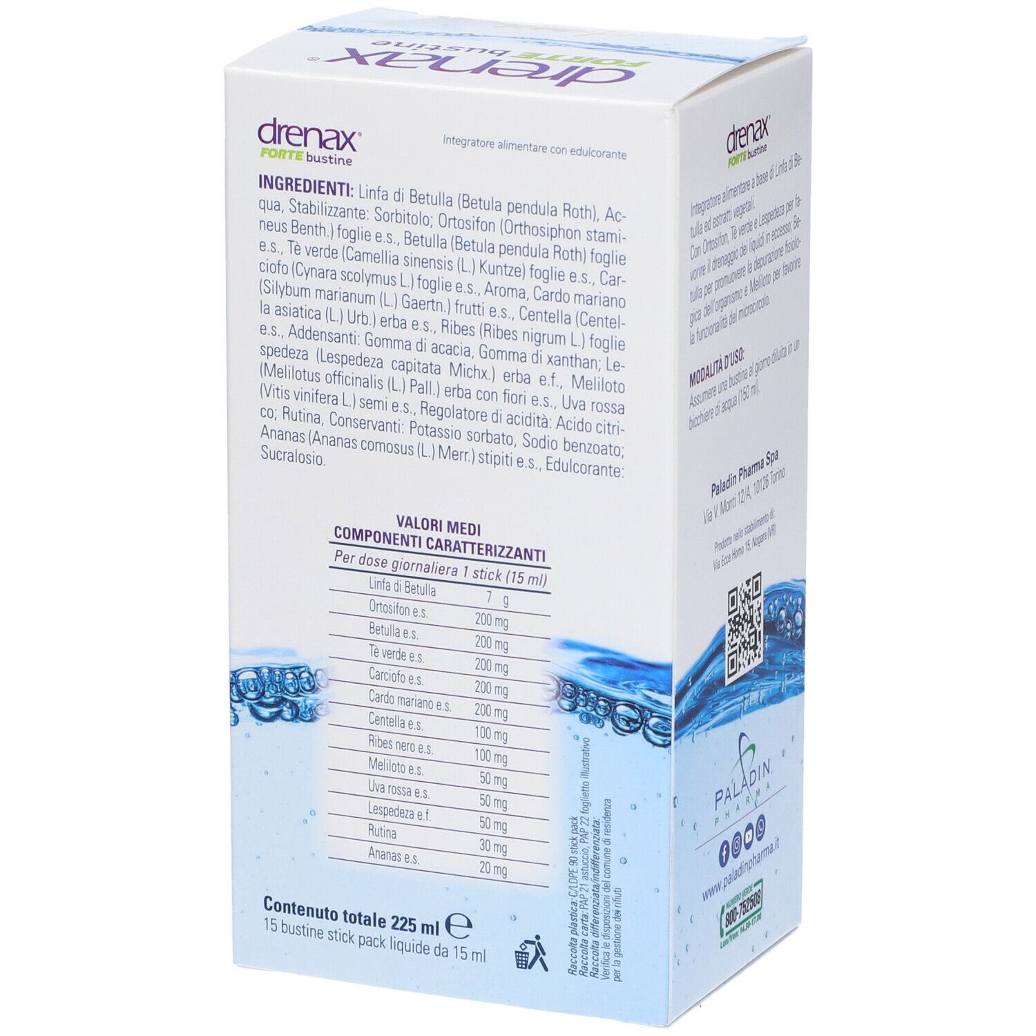 Retro scatola Drenax Forte Bustine. Ingredienti, valori nutrizionali, 15 bustine liquide.