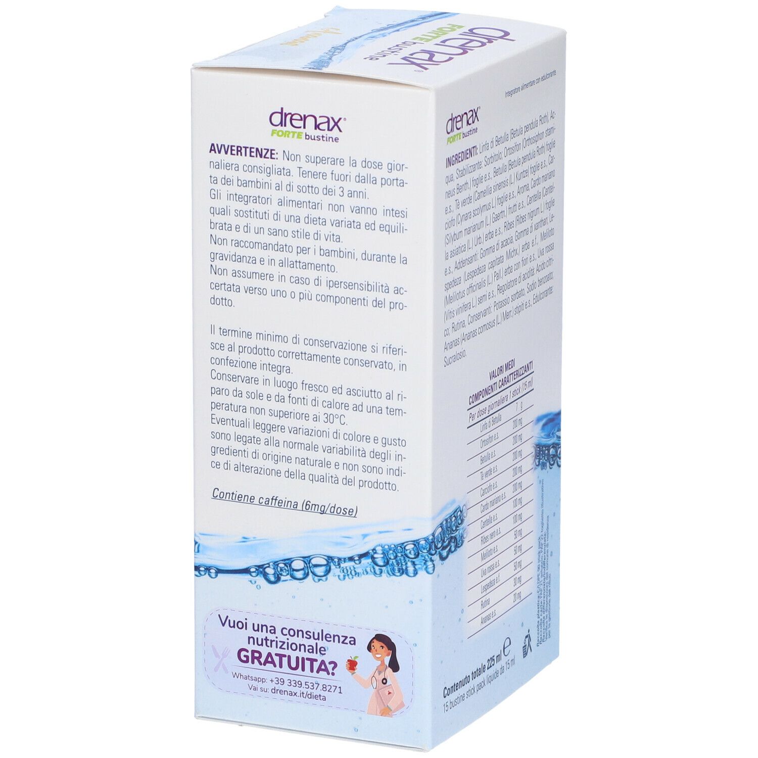 Retro scatola Drenax Forte Bustine. Avvertenze, 15 bustine liquide, Paladin Pharma.