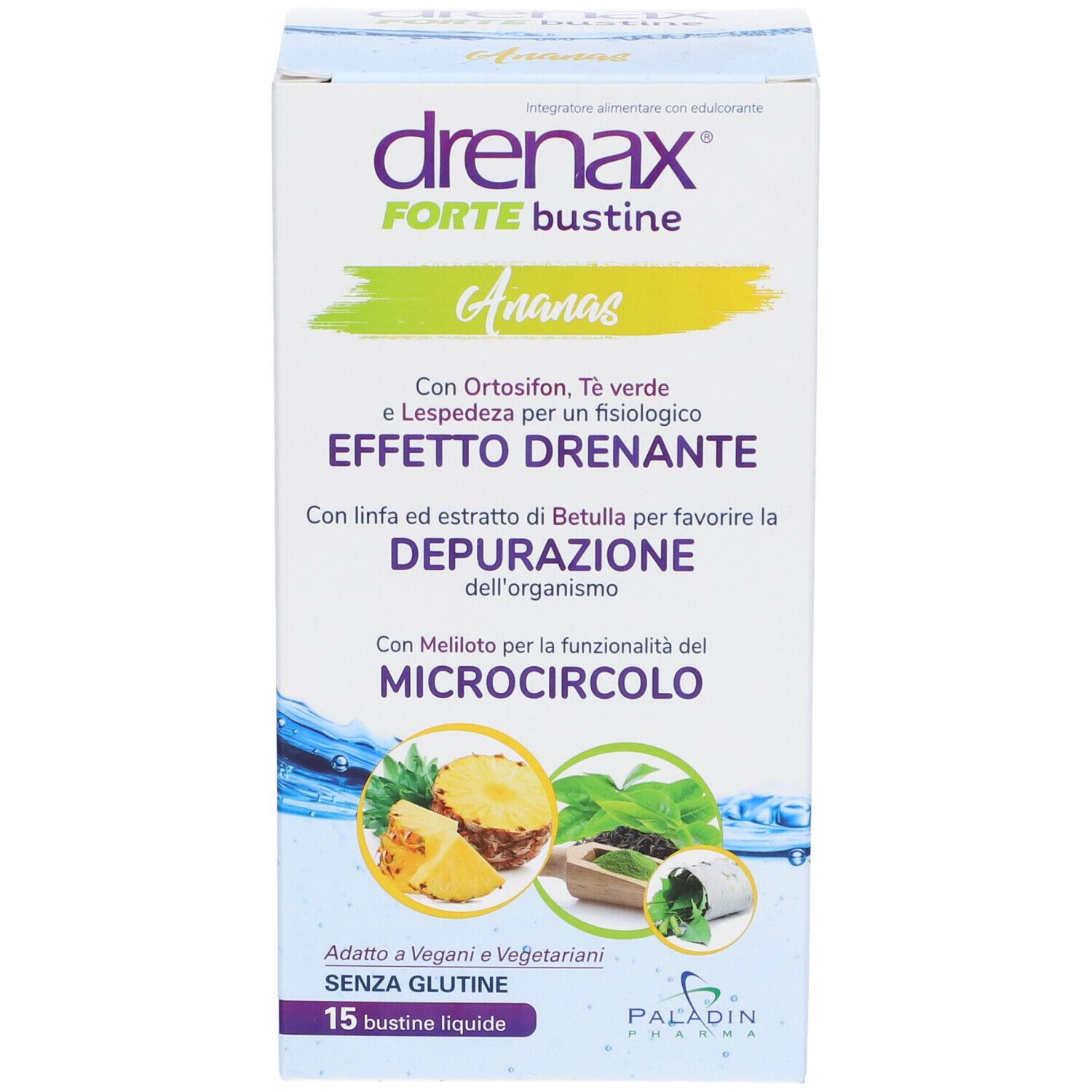 Fronte scatola Drenax Forte Bustine, Ananas. Effetto drenante, Depurazione dell'organismo, Microcircolo.