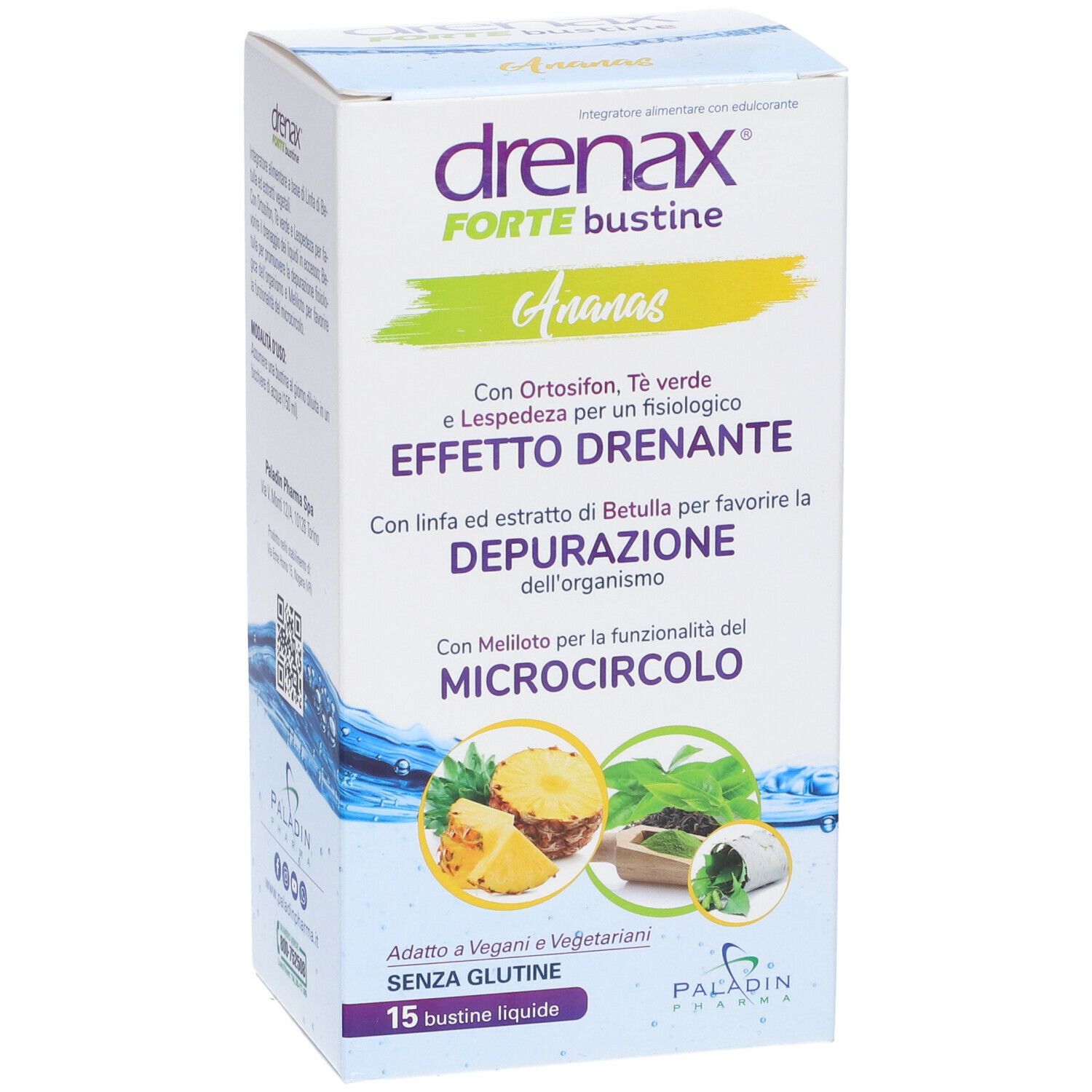 Fronte scatola Drenax Forte Bustine, Ananas. Effetto drenante, Depurazione dell'organismo, Microcircolo. 15 bustine liquide.