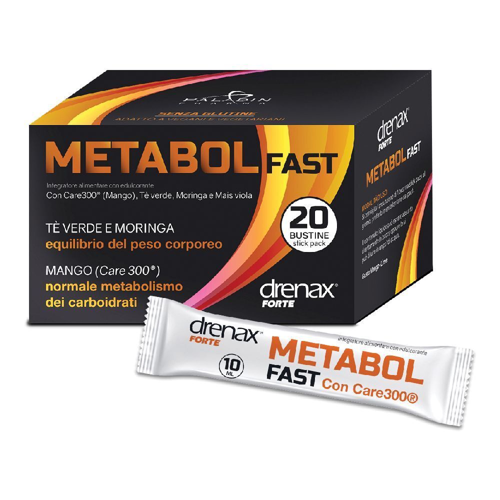 Scatola con 20 stick pack. Scritta: Metabol Fast, Drenax Forte. Contiene tè verde, moringa, mango. Un singolo stick accanto.