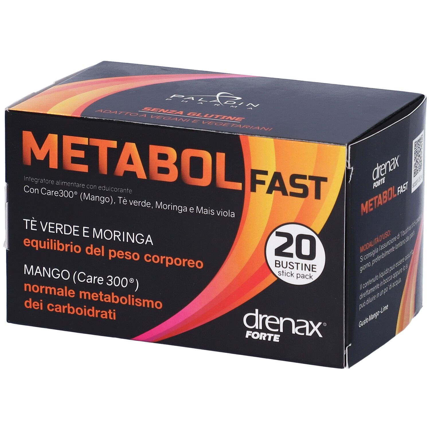 Scatola con 20 stick pack. Scritta: Metabol Fast, Drenax Forte. Contiene tè verde, moringa, mango. Senza glutine, vegano.