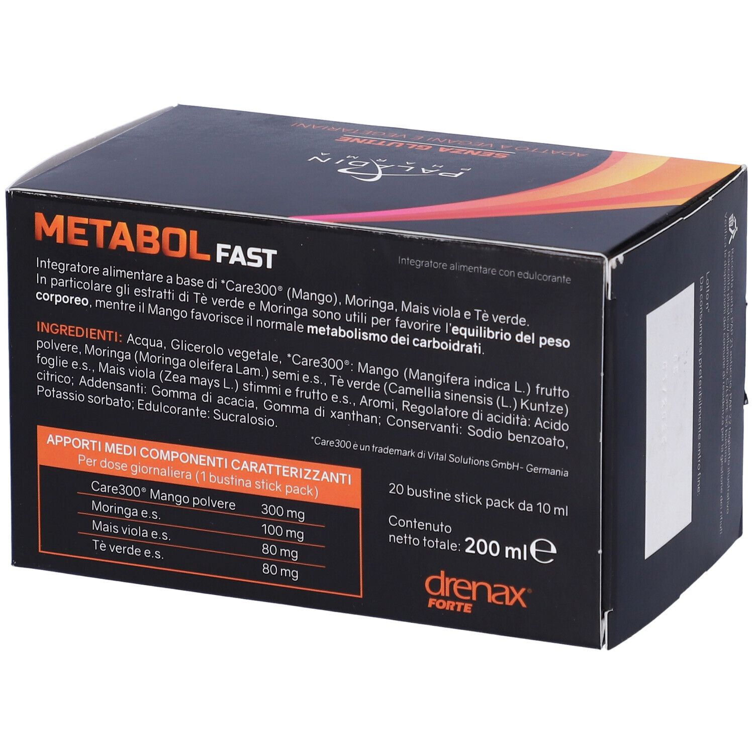 Scatola con 20 stick pack. Scritta: Metabol Fast, Drenax Forte. Contiene tè verde, moringa, mango. Elenco ingredienti e informazioni nutrizionali.
