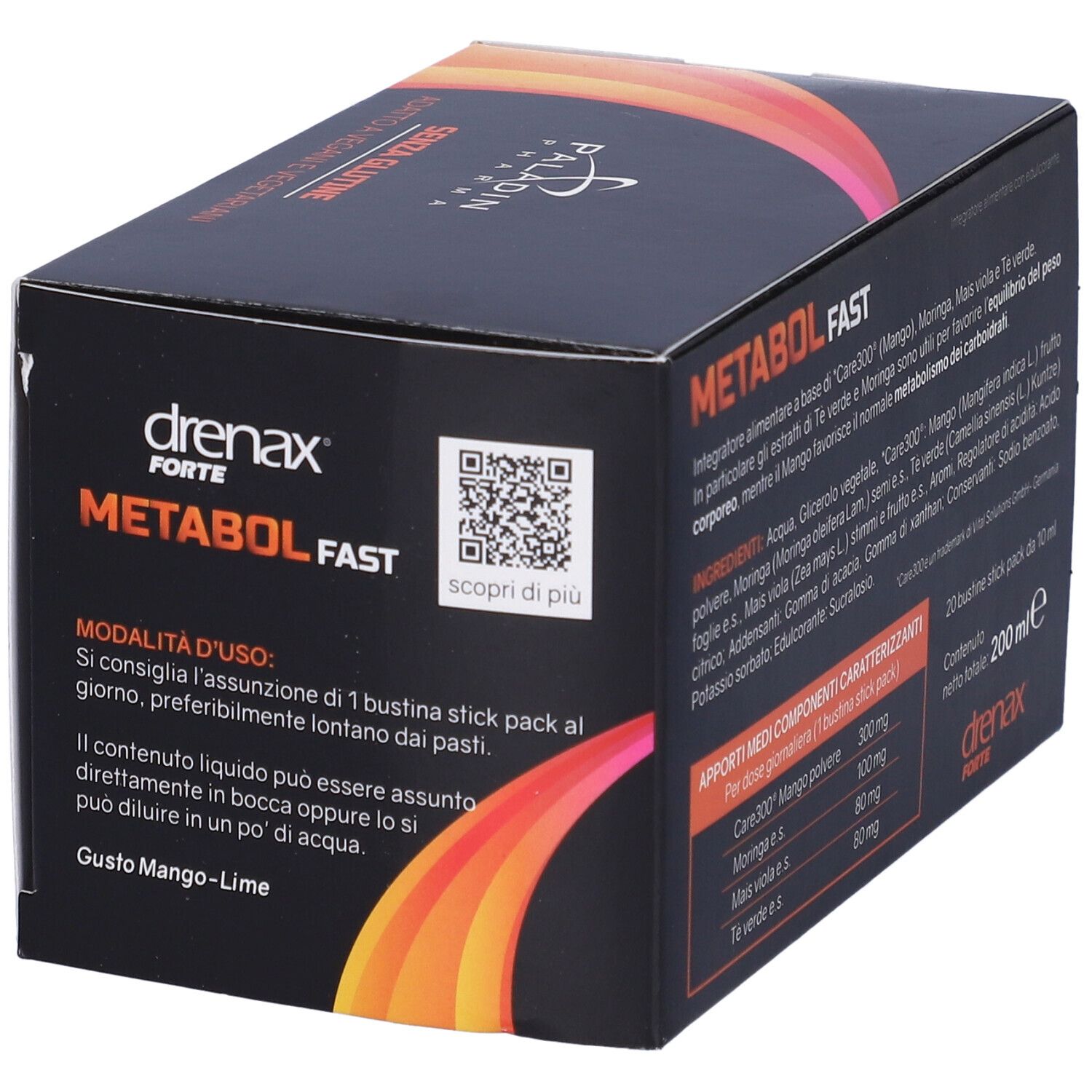 Scatola con 20 stick pack. Scritta: Metabol Fast, Drenax Forte. Contiene tè verde, moringa, mango. Codice QR da scansionare.