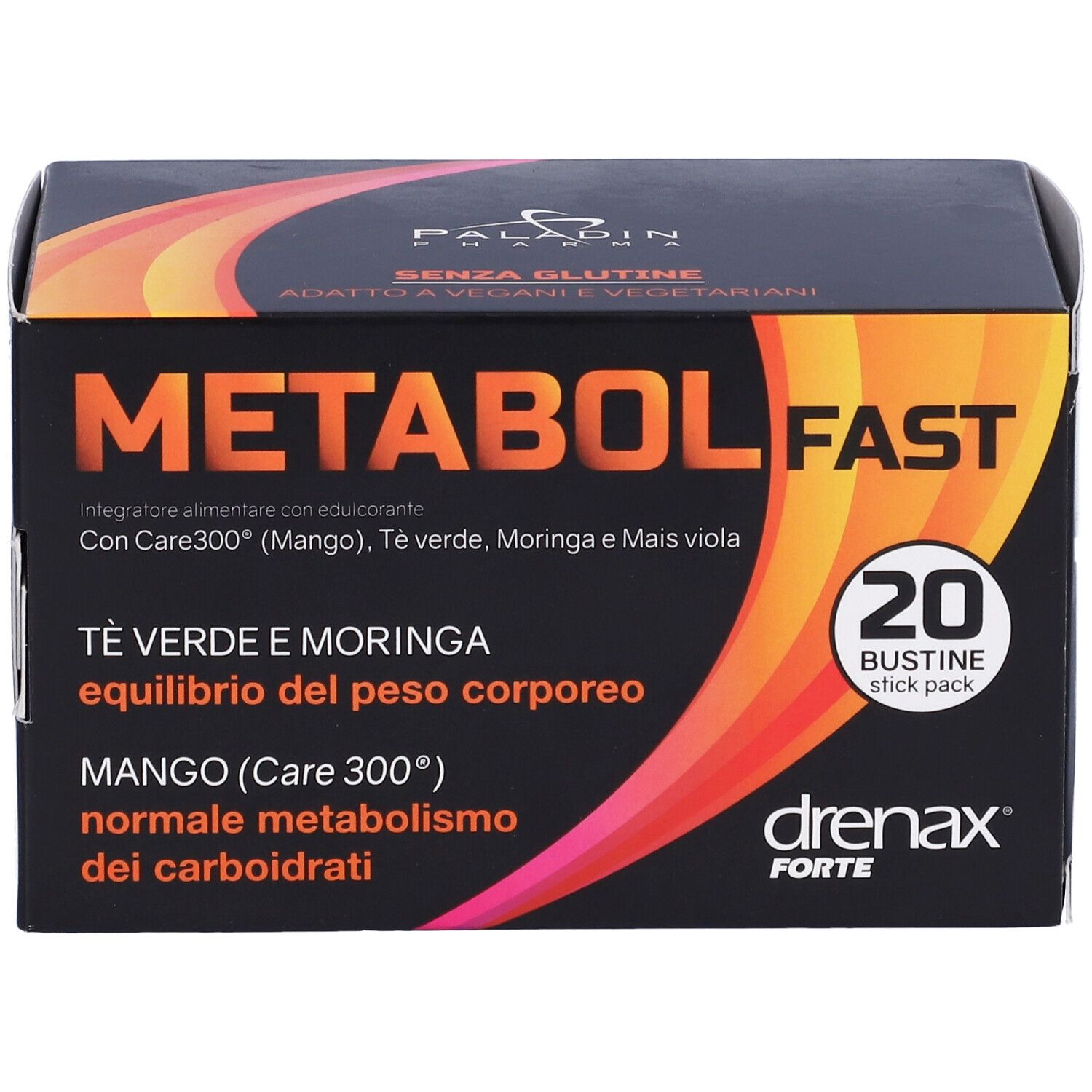 Scatola con 20 stick pack. Scritta: Metabol Fast, Drenax Forte. Contiene tè verde, moringa, mango. Senza glutine, vegano.
