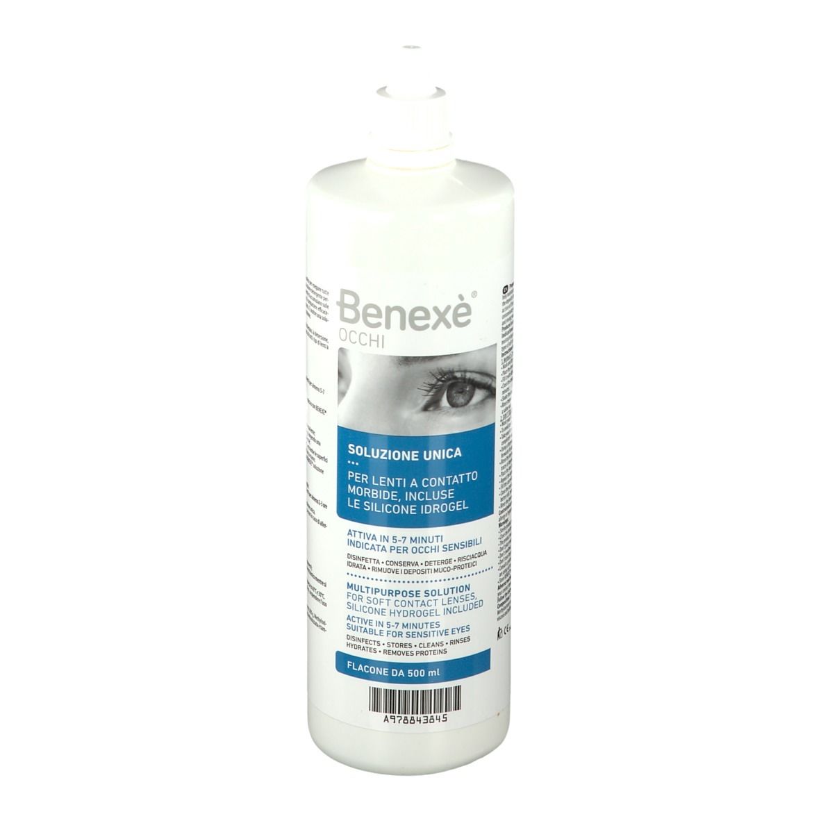 Flacone bianco Benexè Occhi. Etichetta blu con informazioni e immagine dell'occhio.