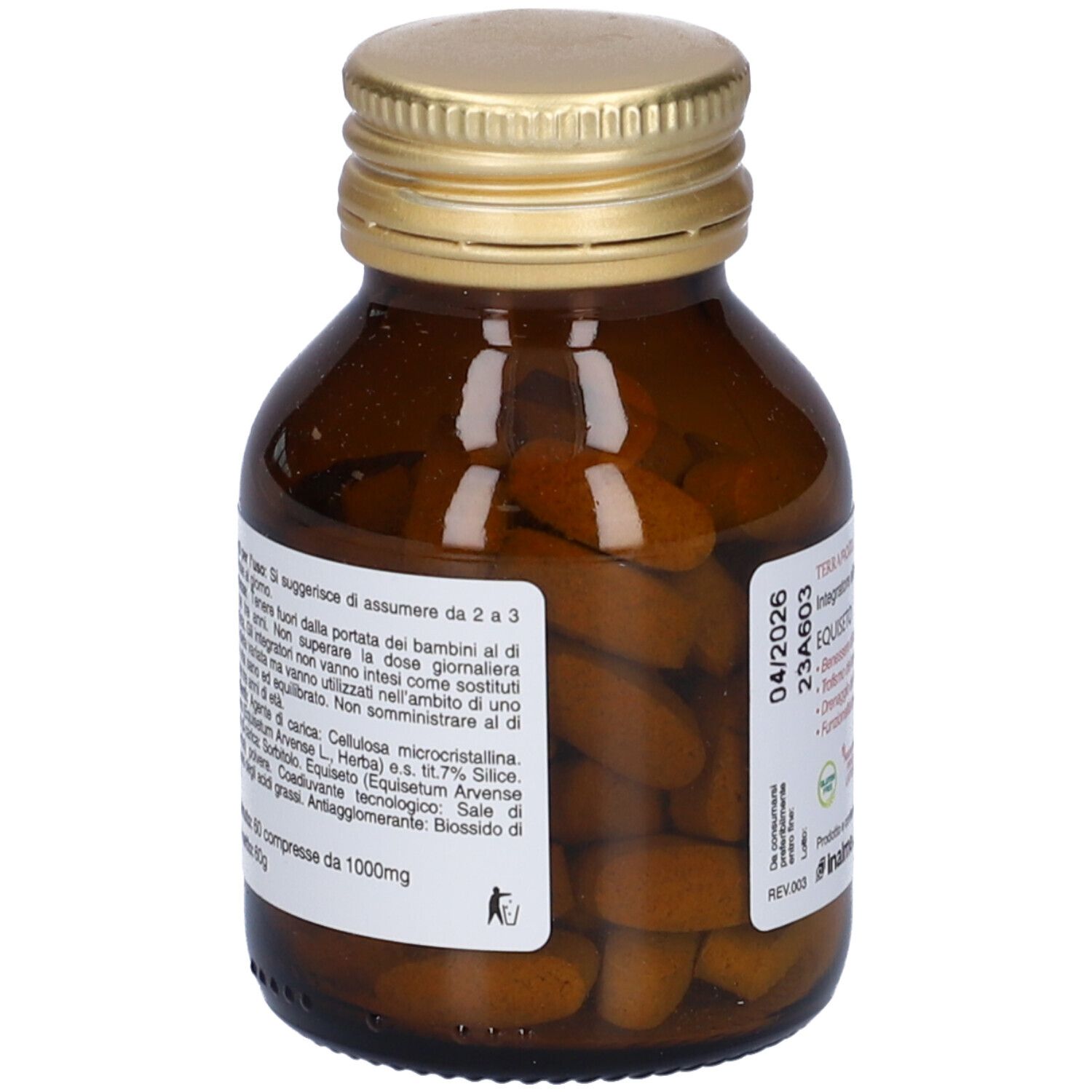 Flacone di vetro marrone con tappo dorato ed etichetta bianca. L'etichetta riporta 'EQUISETO'.