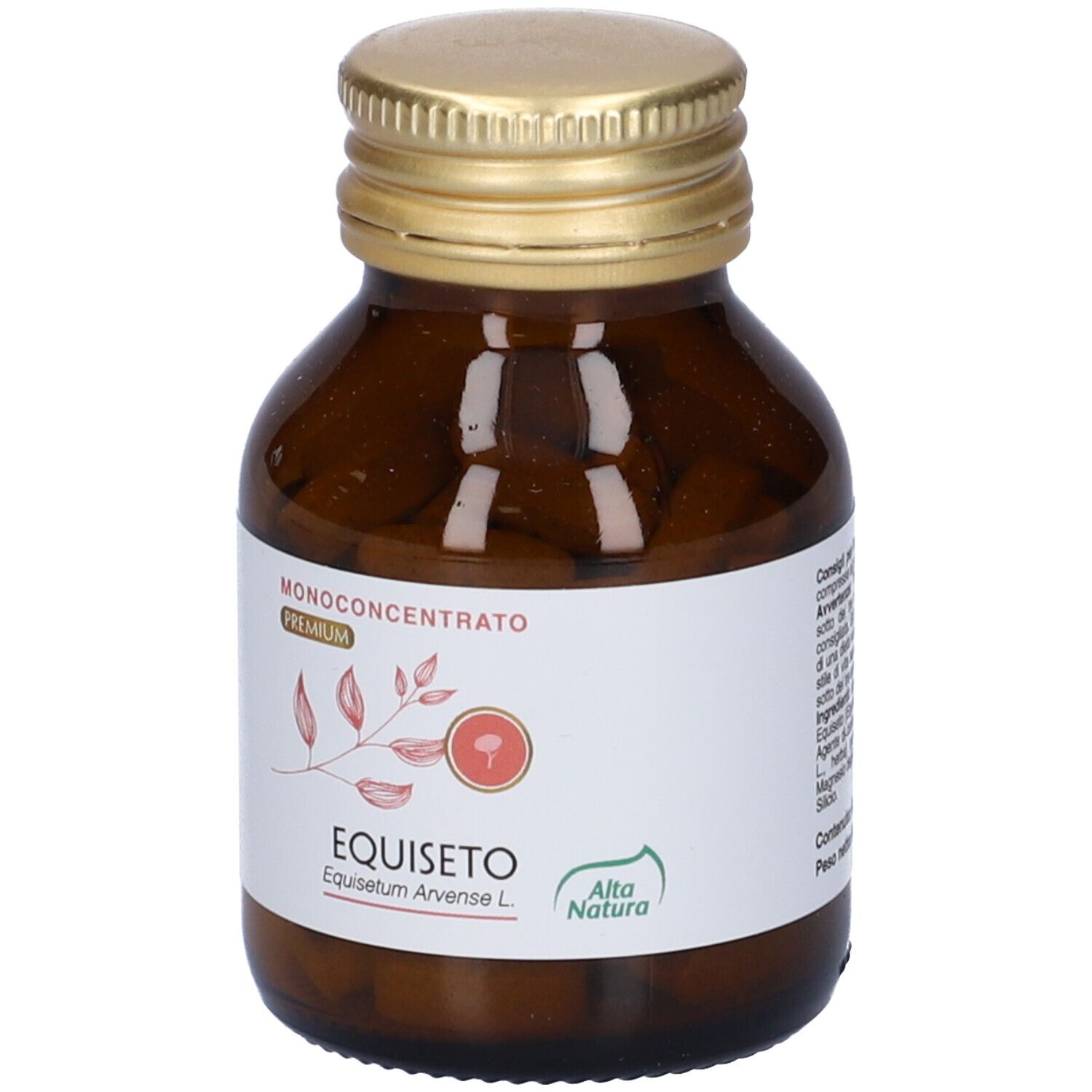 Flacone di vetro marrone con tappo dorato ed etichetta bianca. L'etichetta riporta 'EQUISETO'.