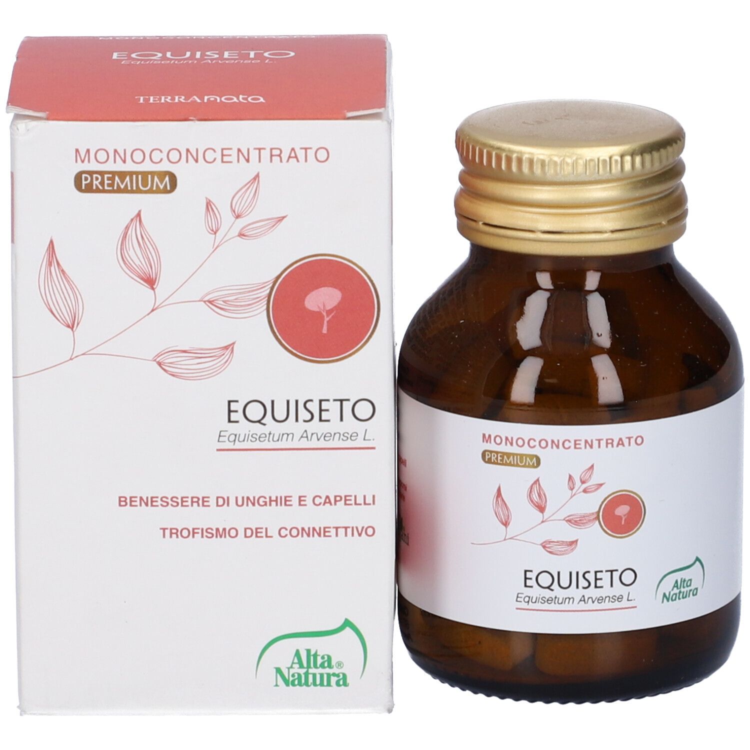 Flacone di vetro marrone con tappo dorato ed etichetta bianca, accanto a scatola bianca. L'etichetta riporta 'EQUISETO'.