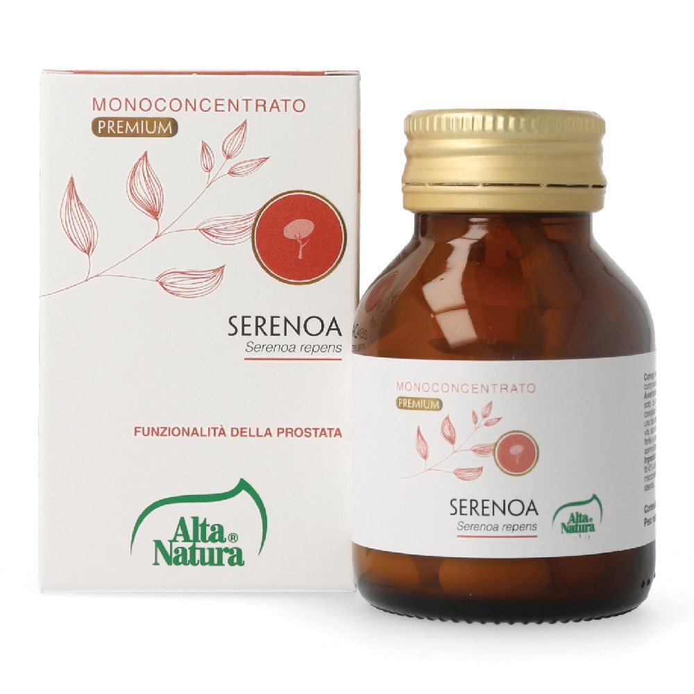 Flacone di vetro marrone e scatola. "SERENOA" è scritto sul flacone e sulla scatola. "Alta Natura" è scritto sulla scatola.