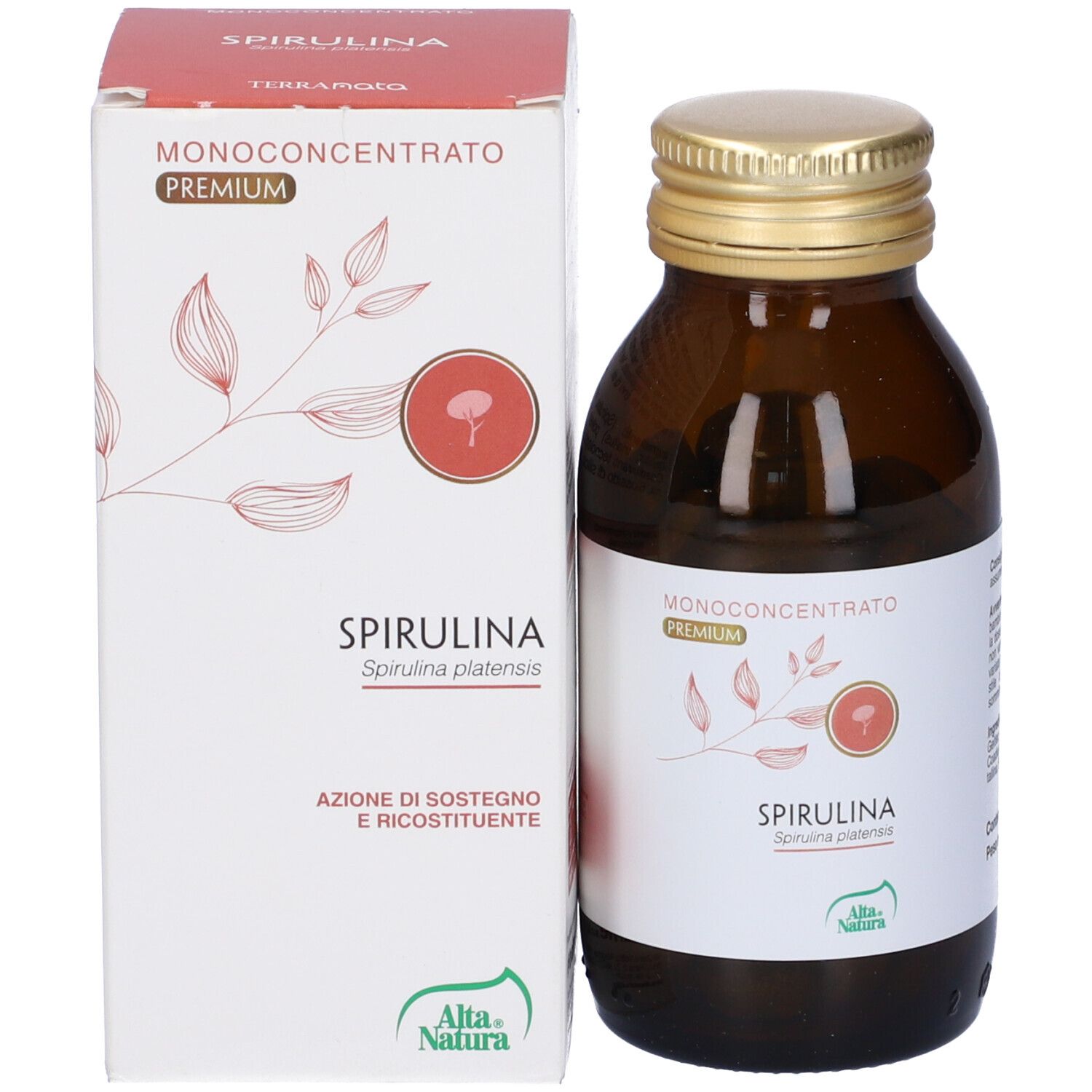 Flacone di vetro marrone con tappo dorato ed etichetta bianca. Scatola bianca con informazioni sul prodotto.