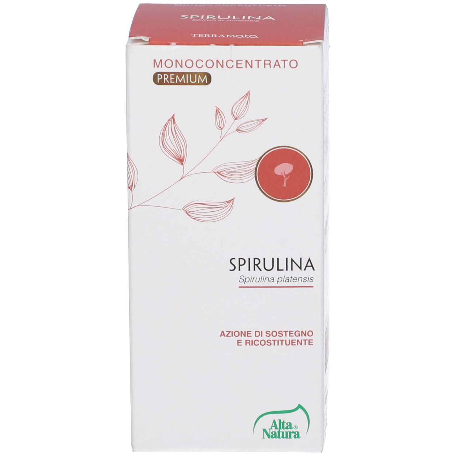 Scatola bianca con informazioni sul prodotto. Sulla scatola c'è scritto Spirulina.