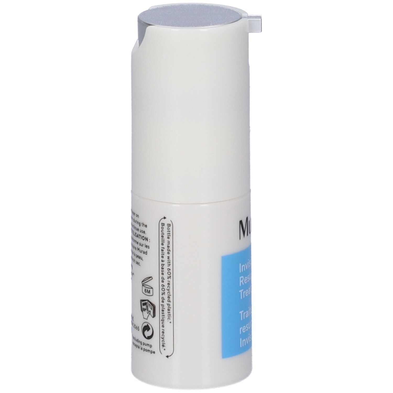 Contenitore bianco con pompa. Scritta Murad, InvisiScar Resurfacing Treatment. Testo blu.