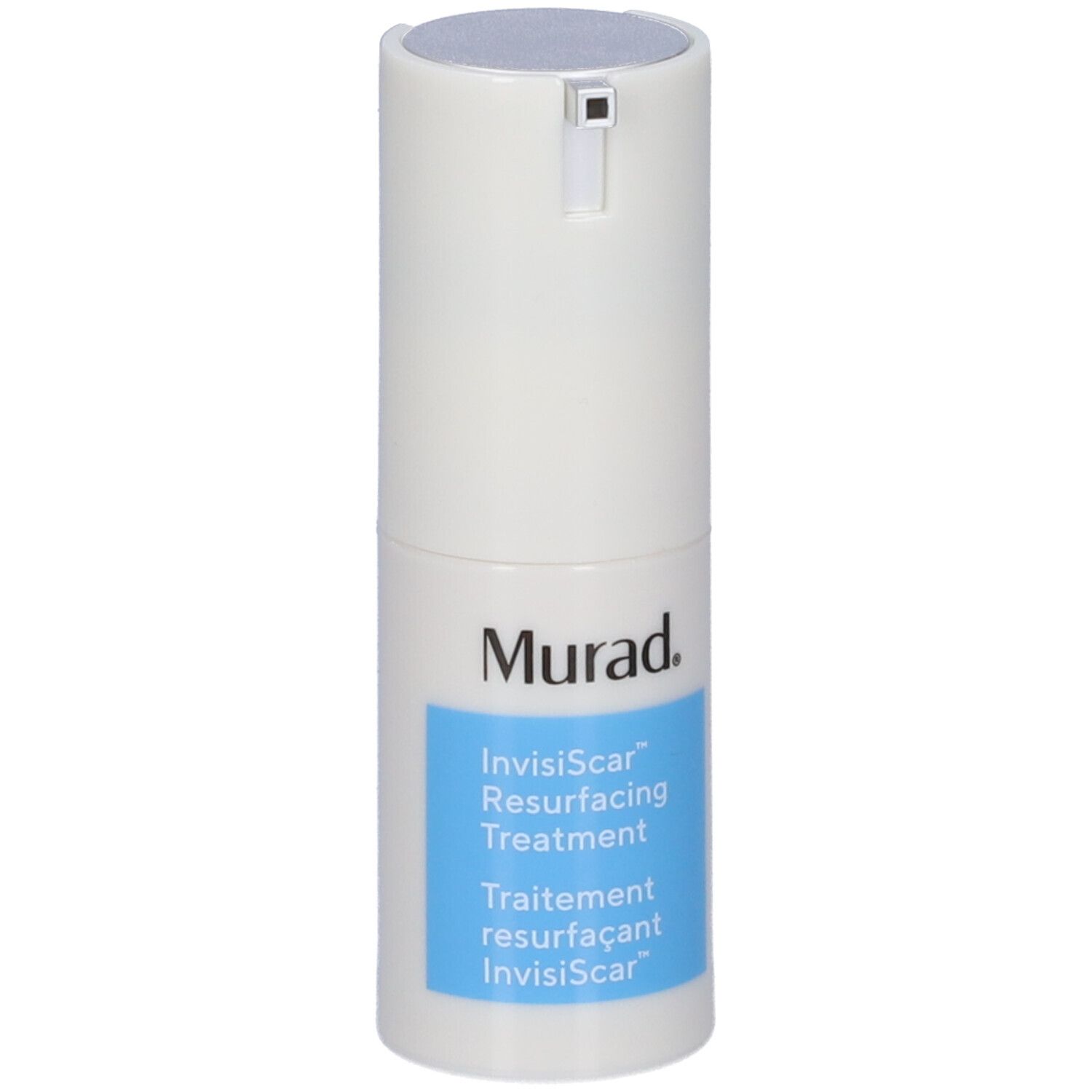 Contenitore bianco con pompa. Scritta Murad, InvisiScar Resurfacing Treatment. Testo blu.