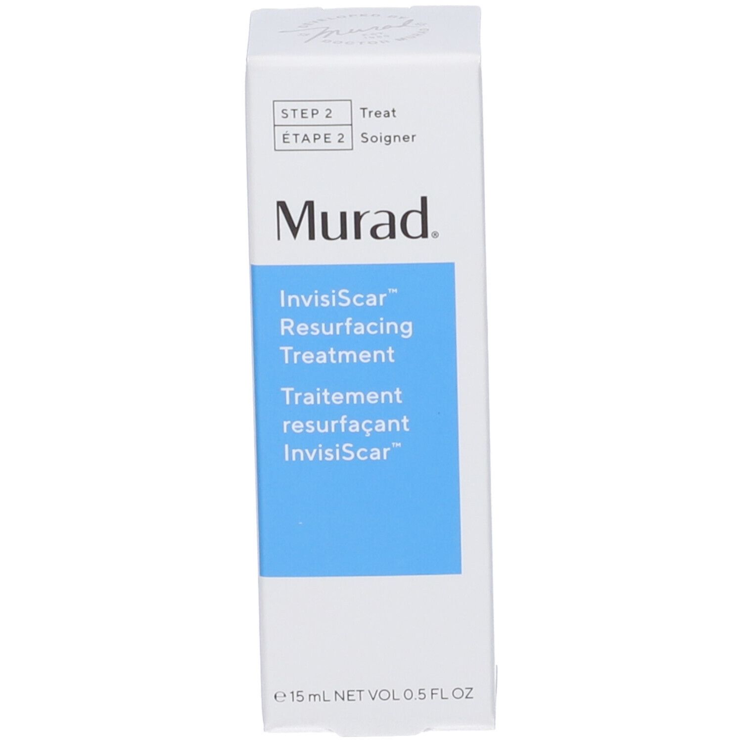 Scatola bianca con scritta Murad, InvisiScar Resurfacing Treatment. Testo blu.