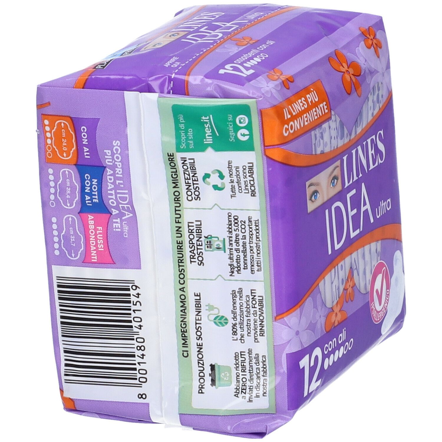 Confezione Lines Idea Ultra. Testo: Lines Idea Ultra, 12 con ali. Informazioni sulla sostenibilità e simboli di riciclo.
