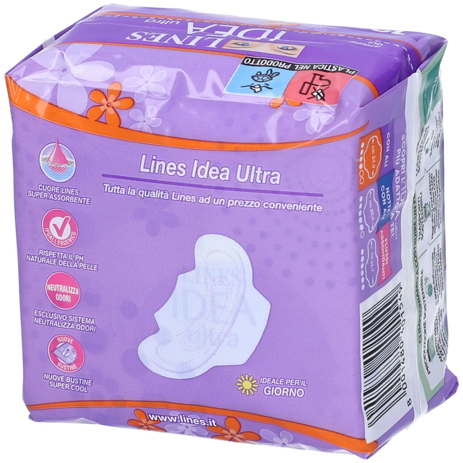 Confezione Lines Idea Ultra. Immagine e testo del prodotto. Contiene 12 pezzi. pH neutro e ipoallergenico.