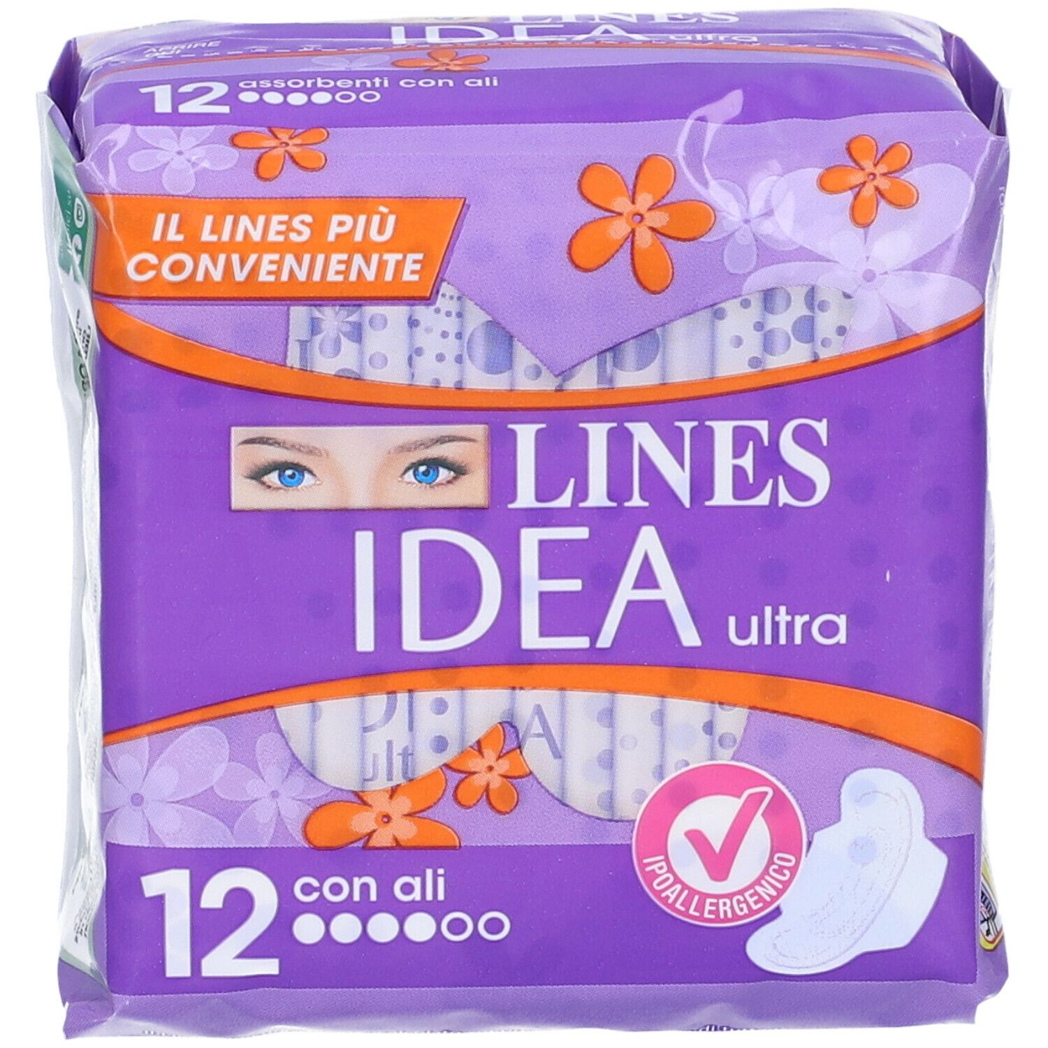 Confezione da 12 assorbenti con ali. Marca Lines Idea Ultra. Confezione viola con immagine del prodotto e testo.