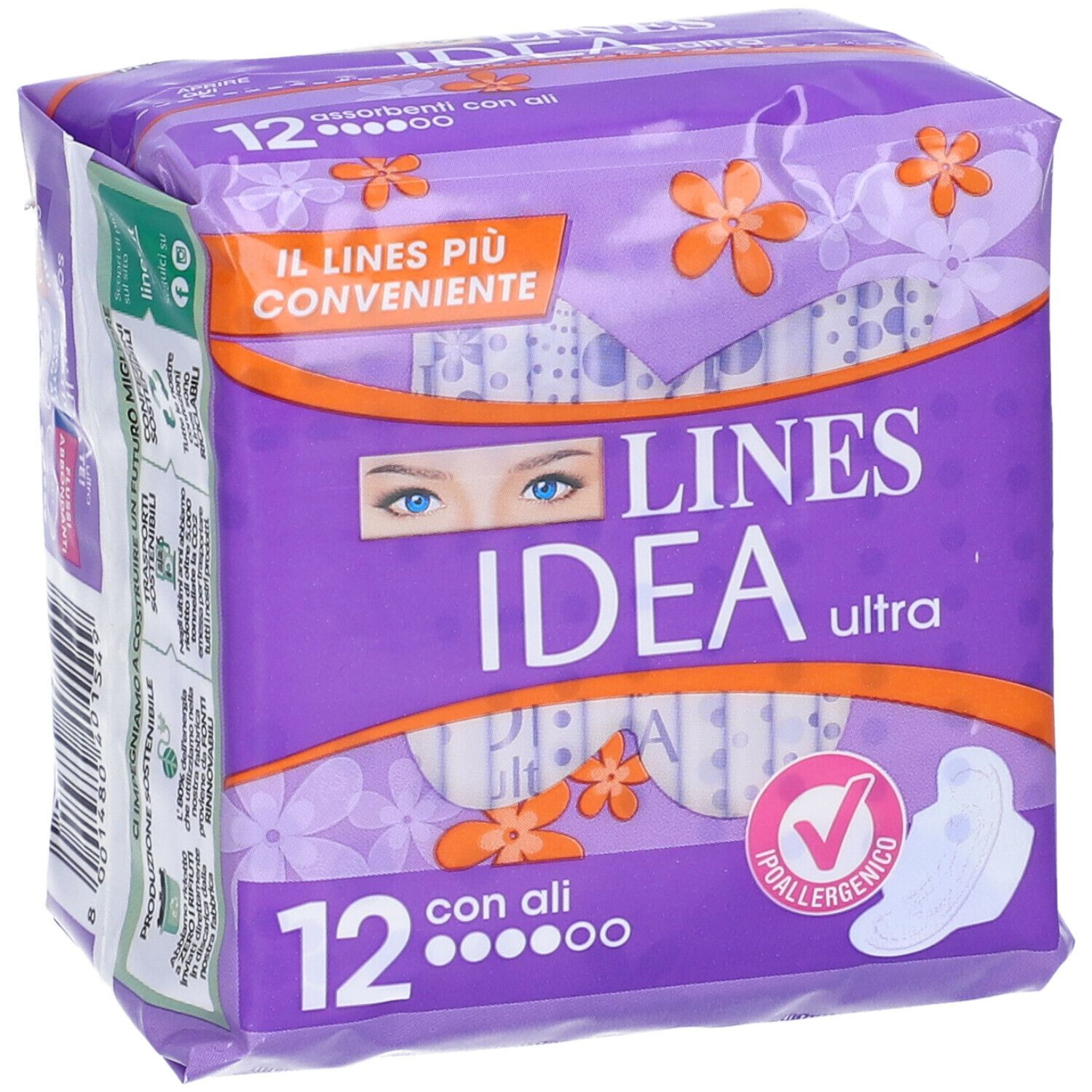 Confezione da 12 assorbenti con ali. Marca Lines Idea Ultra. Confezione viola con immagine del prodotto e testo.