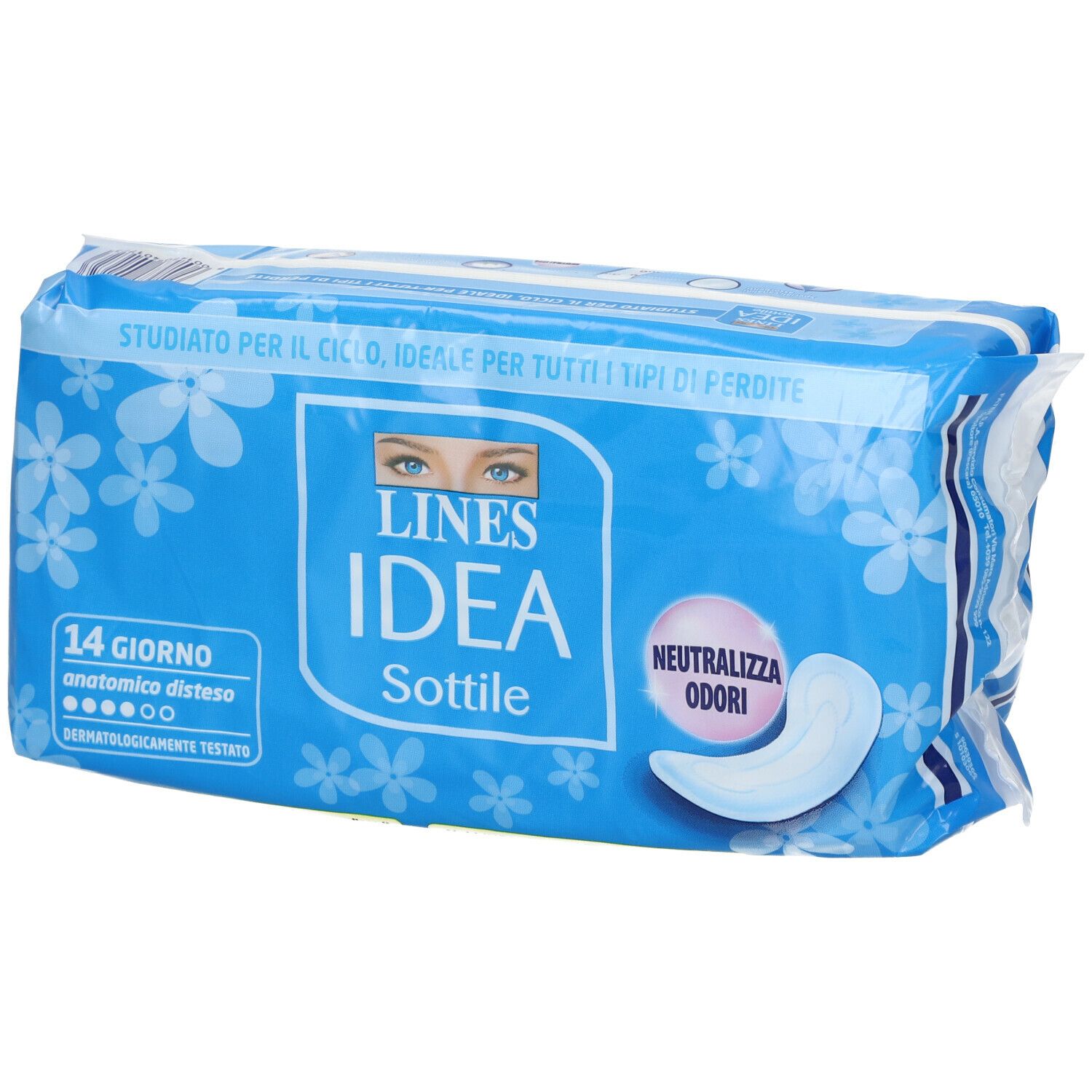 Confezione LINES IDEA Sottile. Blu, con informazioni sul prodotto e motivi floreali. Contiene 14 pezzi.
