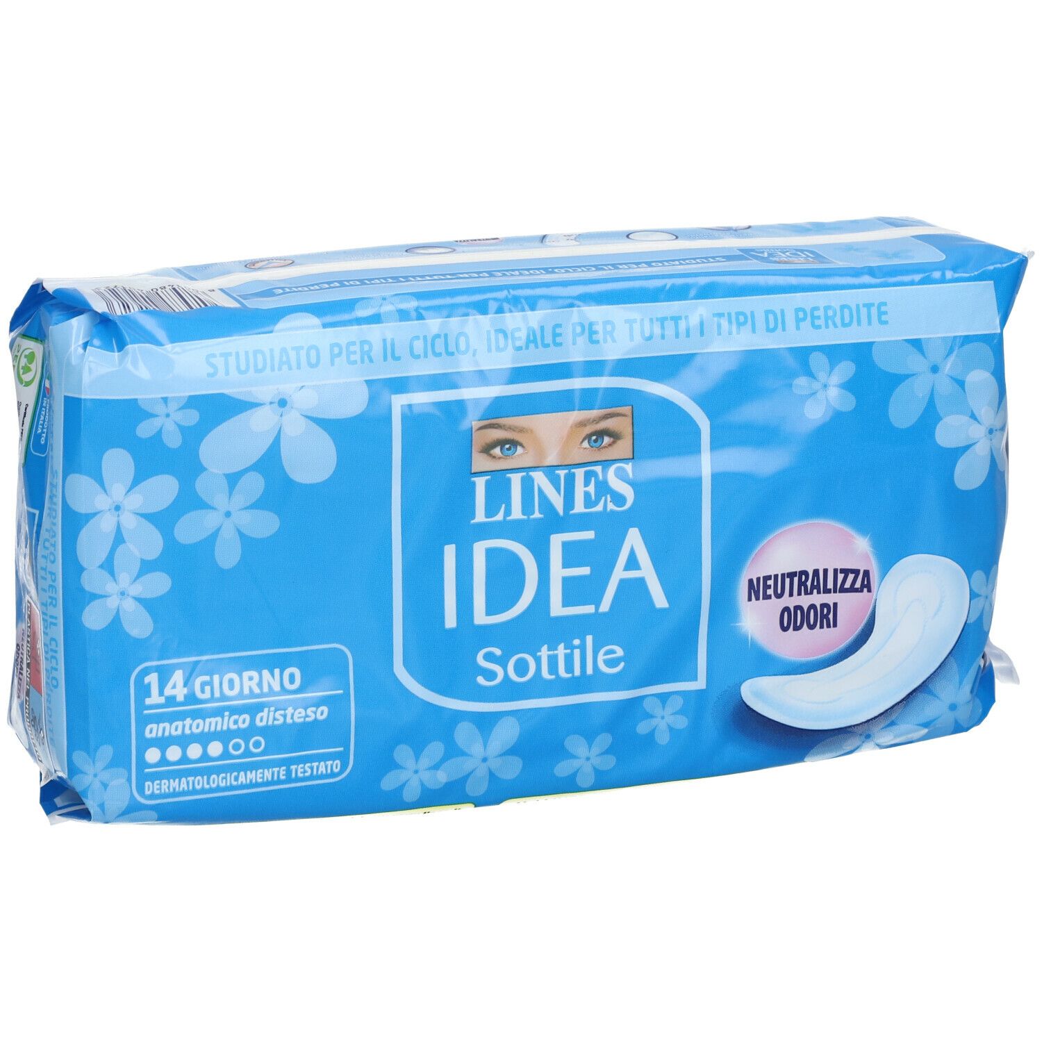 Confezione LINES IDEA Sottile. Blu, con informazioni sul prodotto e motivi floreali.