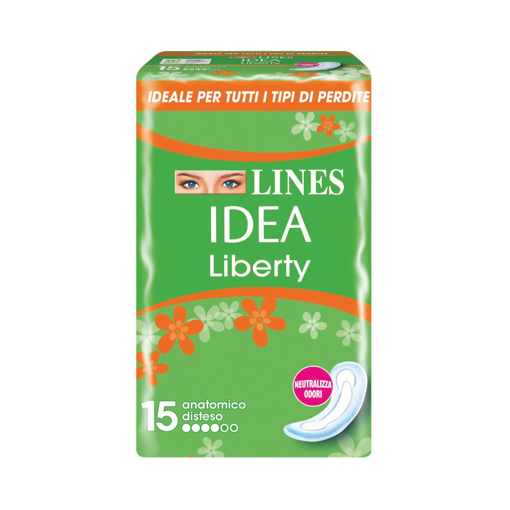 Confezione verde LINES IDEA Liberty 15 anatomico disteso. Dettagli arancioni e floreali. Scritta 'Ideale per tutti i tipi di perdite'.