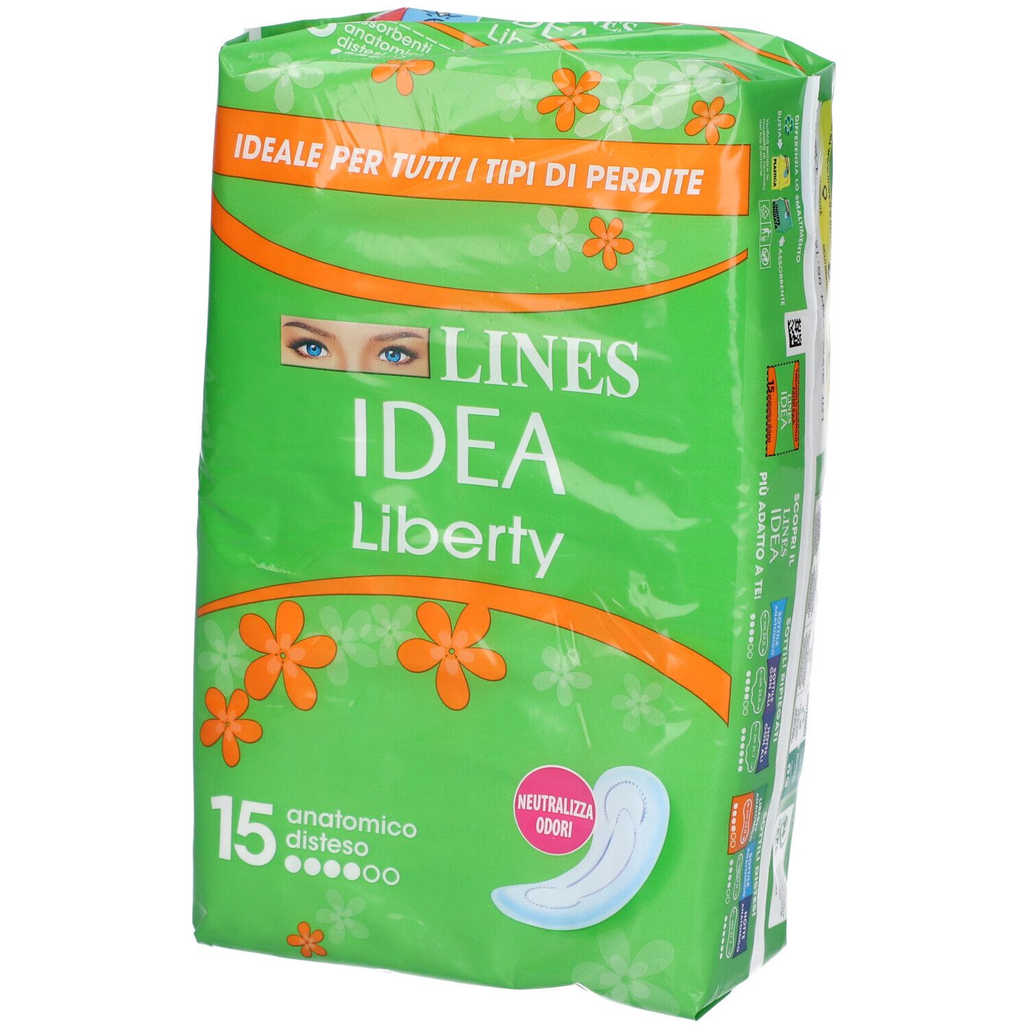 Confezione verde LINES IDEA Liberty. 15 pezzi, anatomico. Dettagli arancioni. Scritta 'Ideale per tutti i tipi di perdite'.