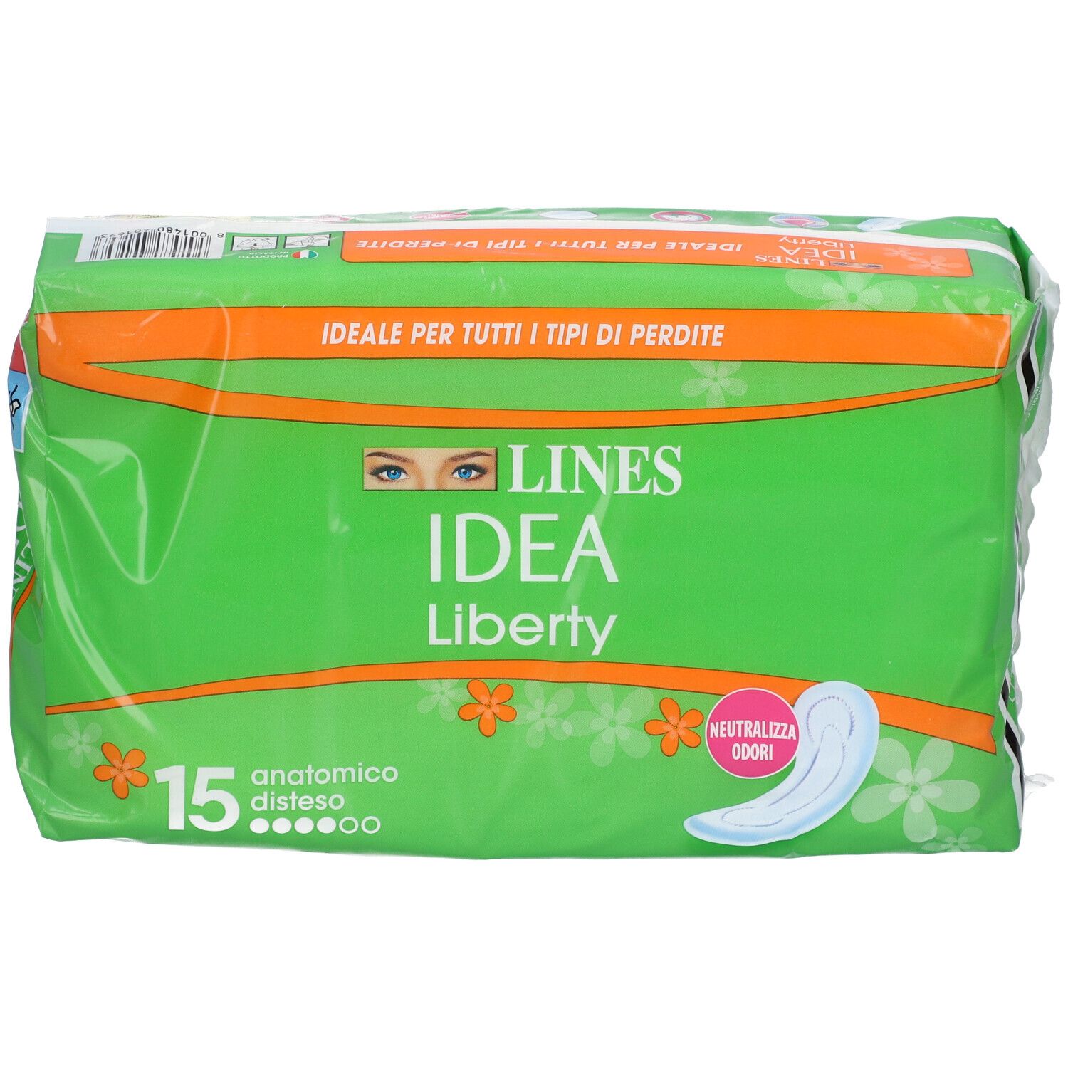 Confezione verde LINES IDEA Liberty. 15 pezzi, anatomico. Dettagli arancioni. Scritta 'Ideale per tutti i tipi di perdite'.