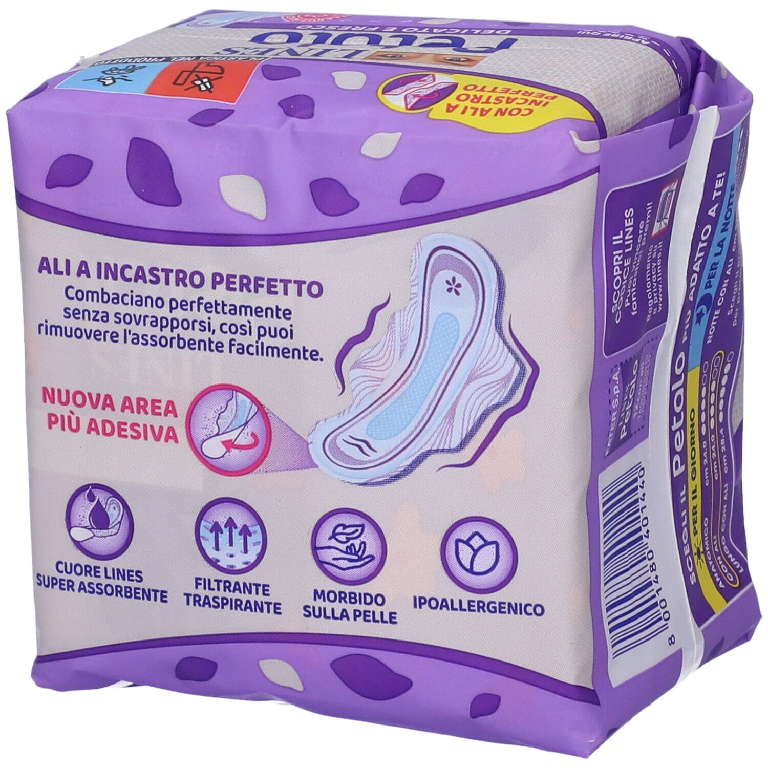 Rückseite der Lines Petalo Blu Verpackung. Produktmerkmale: super saugfähig, atmungsaktiv, weich, hypoallergen.