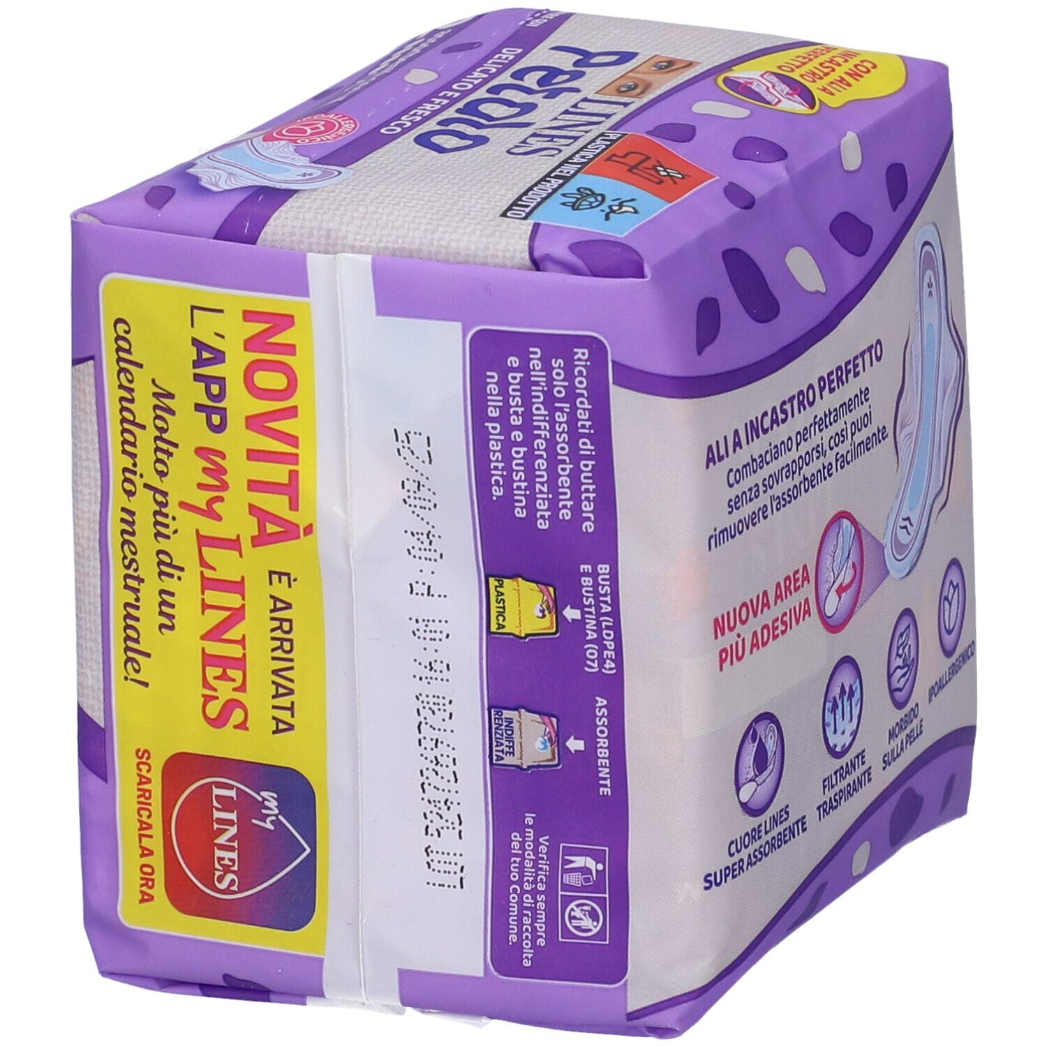 Lines Petalo Blu Verpackung. Enthält Informationen zur Menstruationskalender-App und Haltbarkeitsdatum.