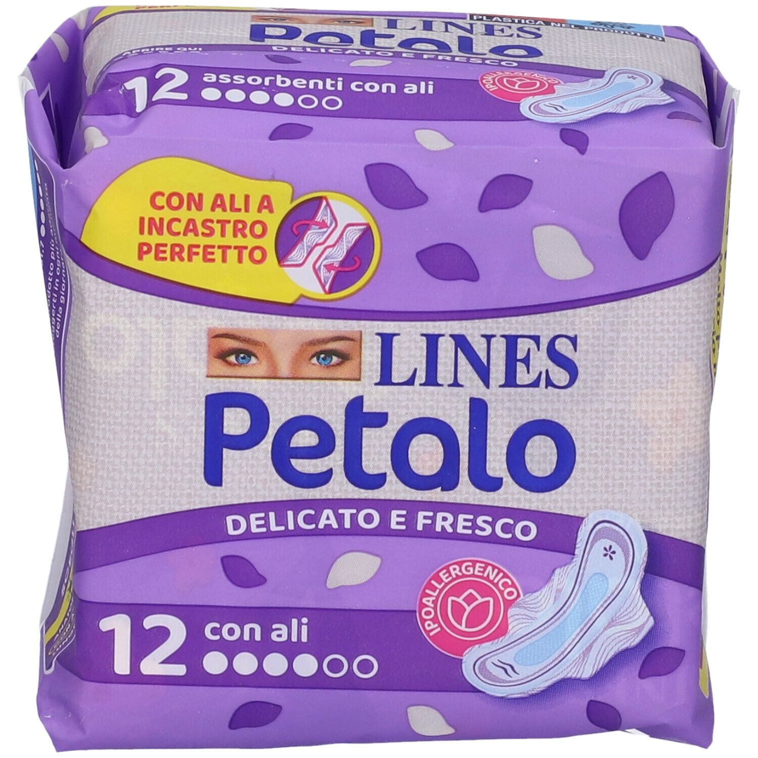 Lines Petalo Blu Verpackung. 12 saugfähige Binden mit Flügeln. Lila Verpackung mit Produktlogo und Illustration.