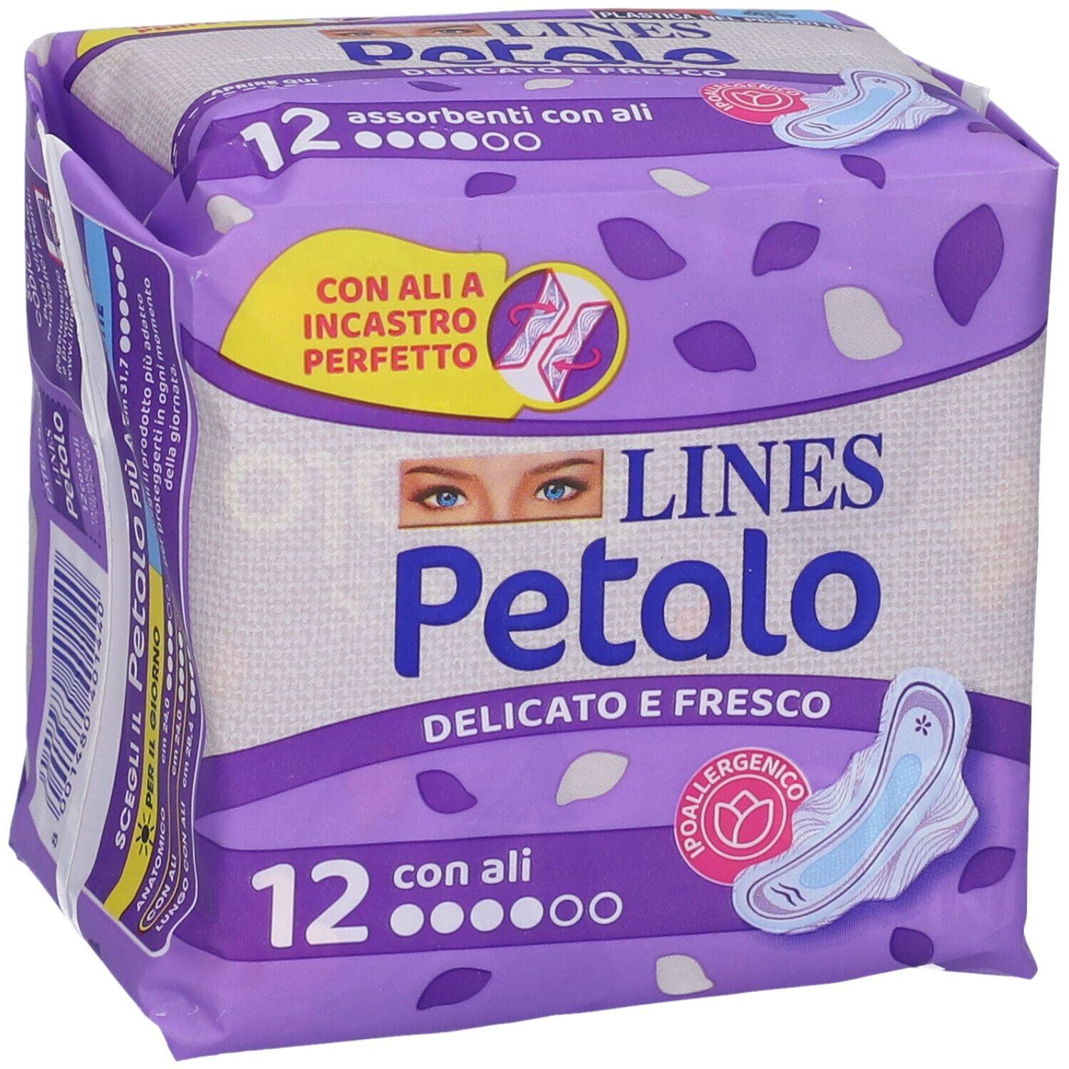 Lines Petalo Blu Verpackung. 12 saugfähige Binden mit Flügeln. Lila Verpackung mit Produktlogo und Illustration.