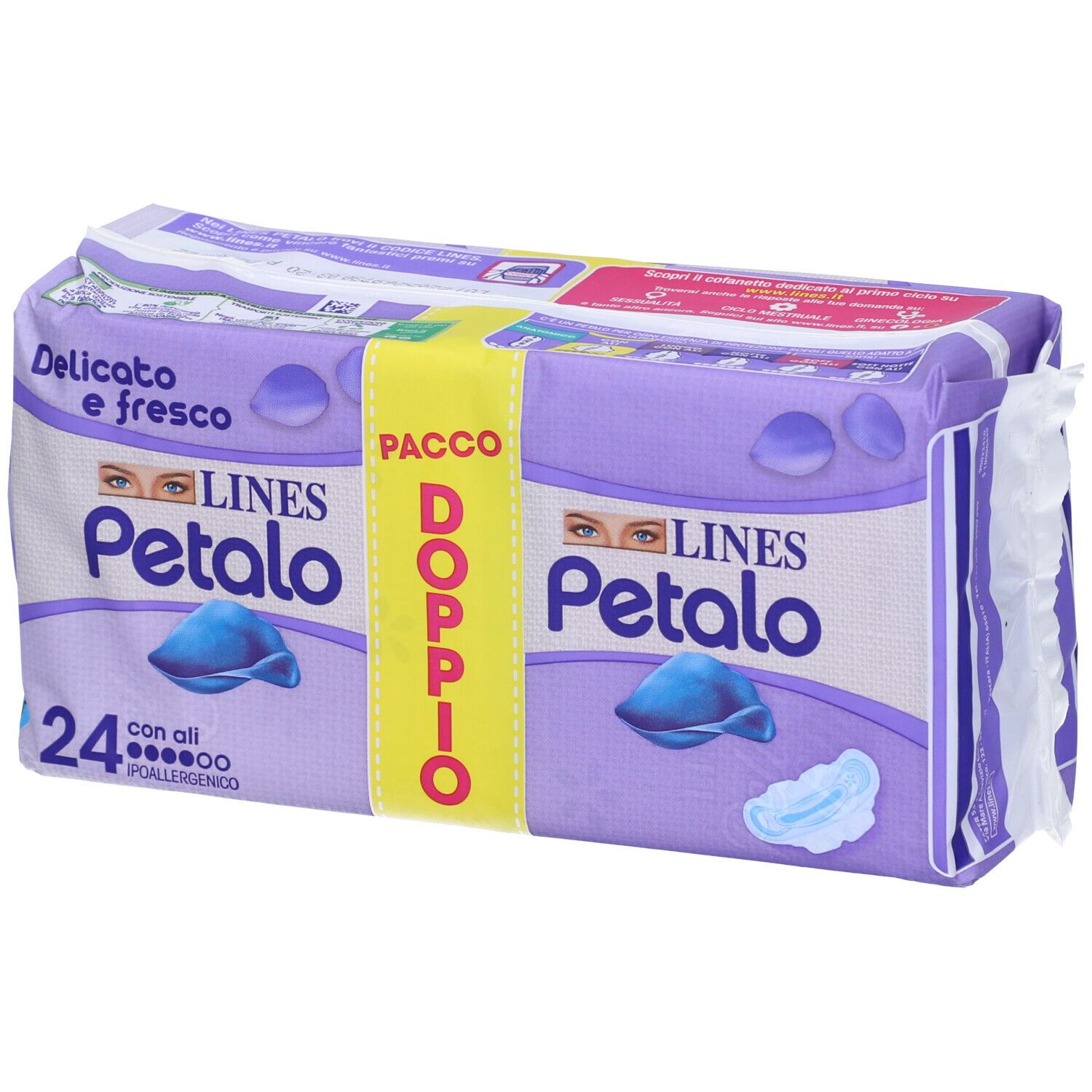 Confezione LINES Petalo Blu con Ali, doppio. Scritta: 24 pezzi, ipoallergenico.