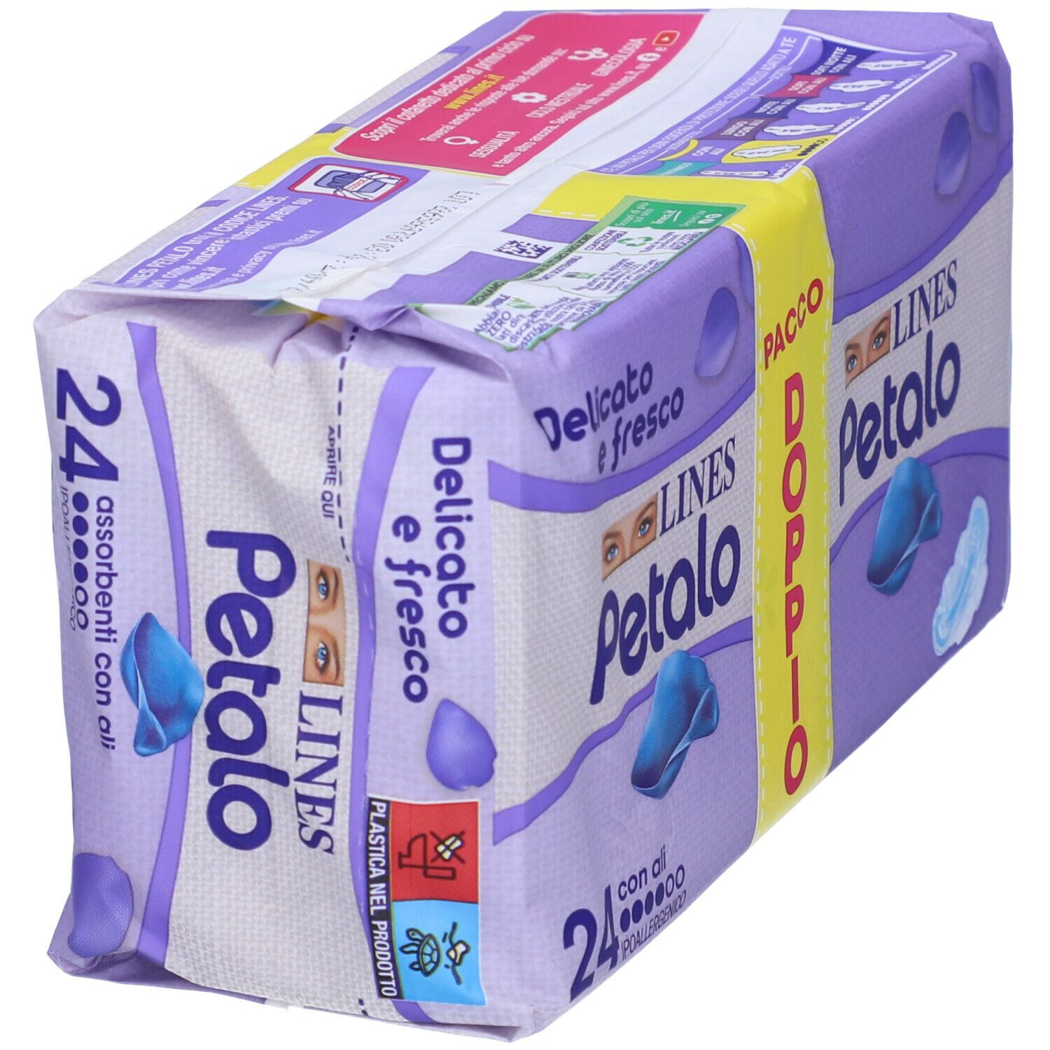 Confezione LINES Petalo Blu con Ali, doppio. Scritta: 24 pezzi, ipoallergenico.