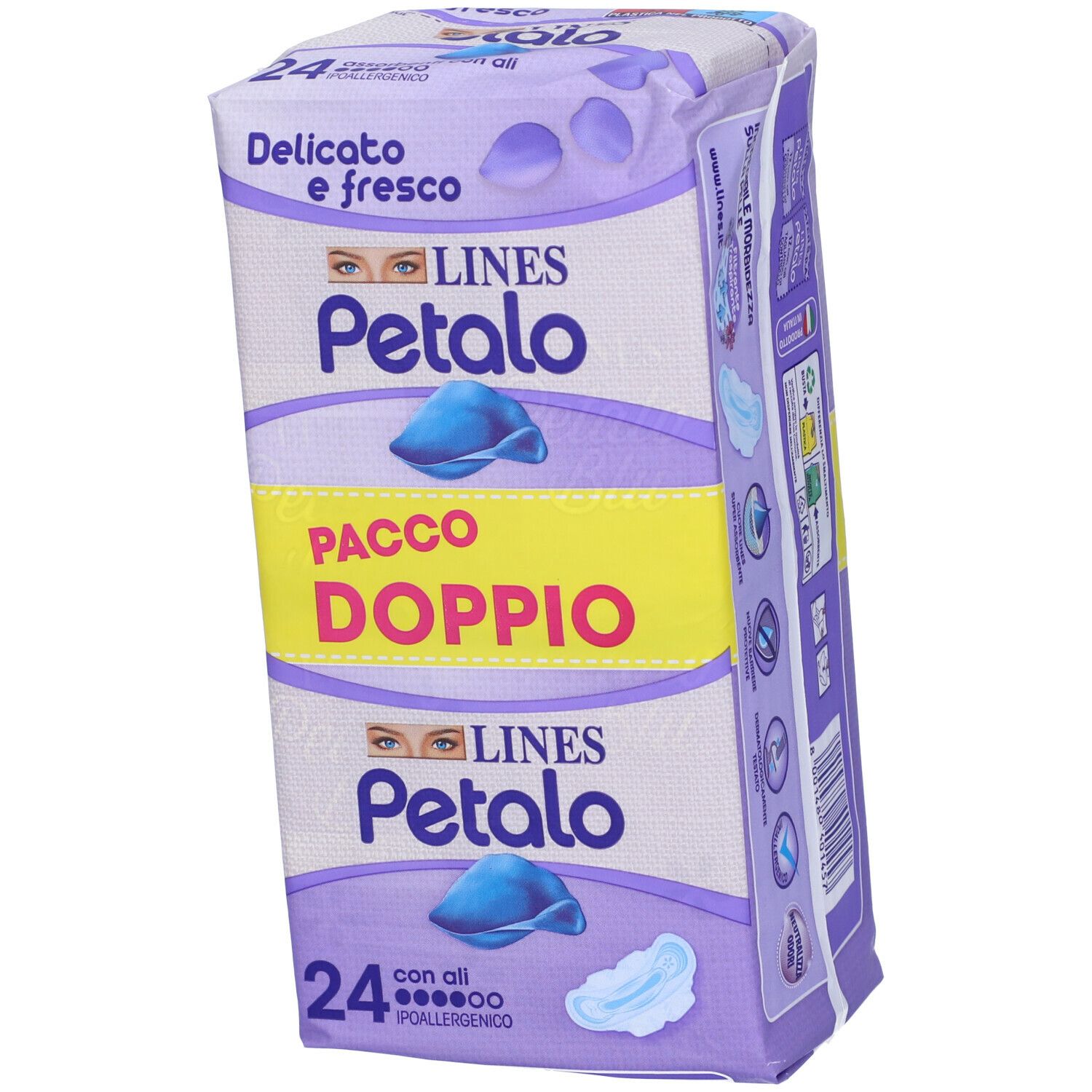 Confezione LINES Petalo Blu con Ali, doppio. Scritta: 24 pezzi, ipoallergenico.