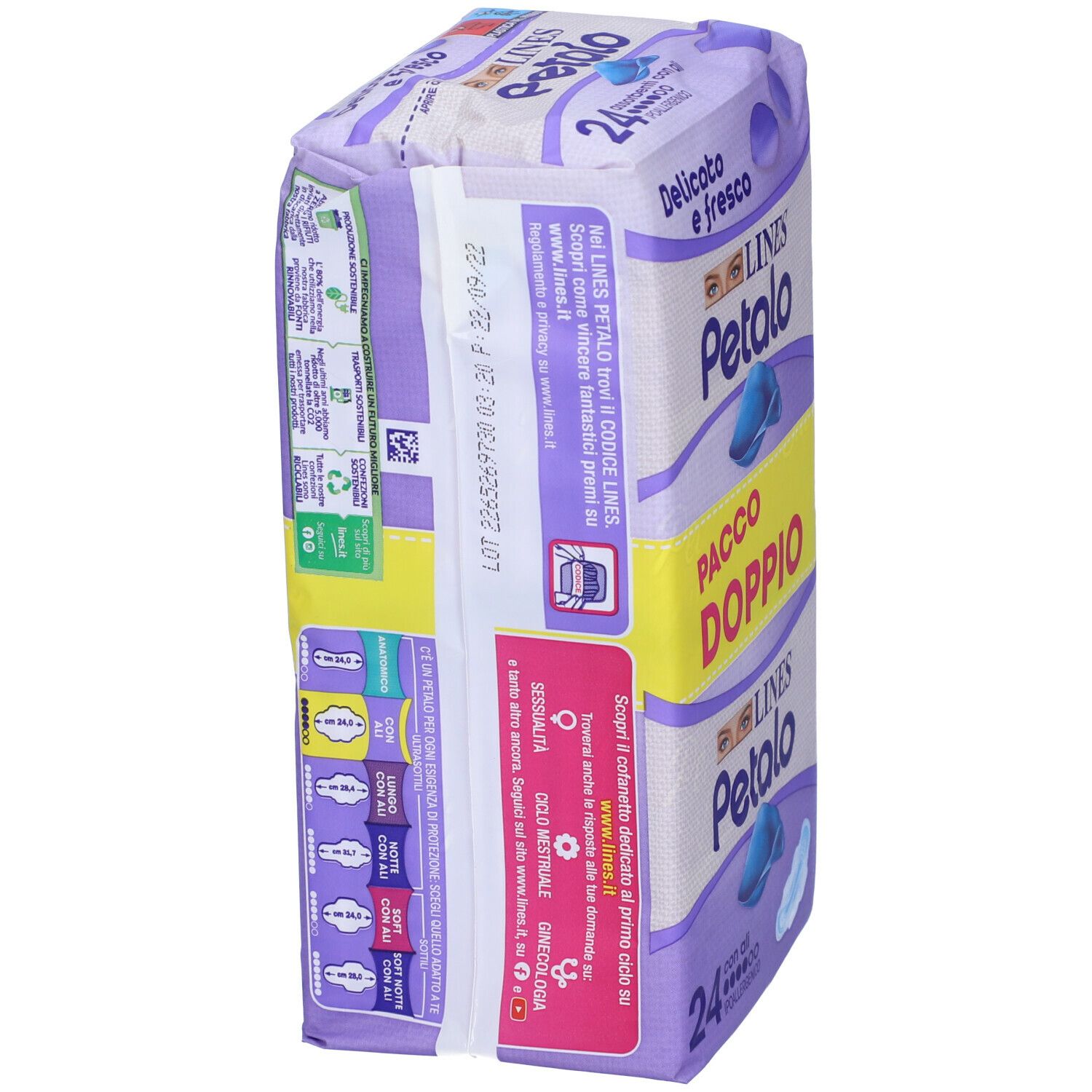 Confezione LINES Petalo Blu con Ali, doppio. Scritta: 24 pezzi, ipoallergenico.