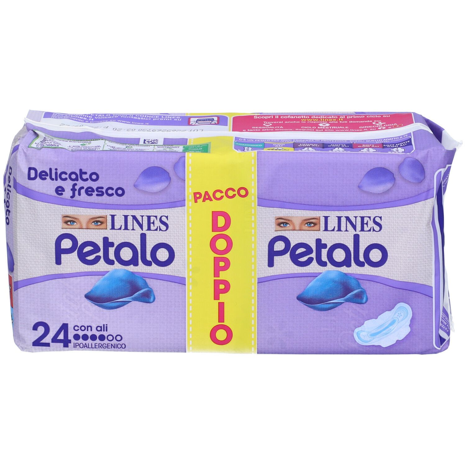 Confezione LINES Petalo Blu con Ali, doppio. Scritta: 24 pezzi, ipoallergenico.