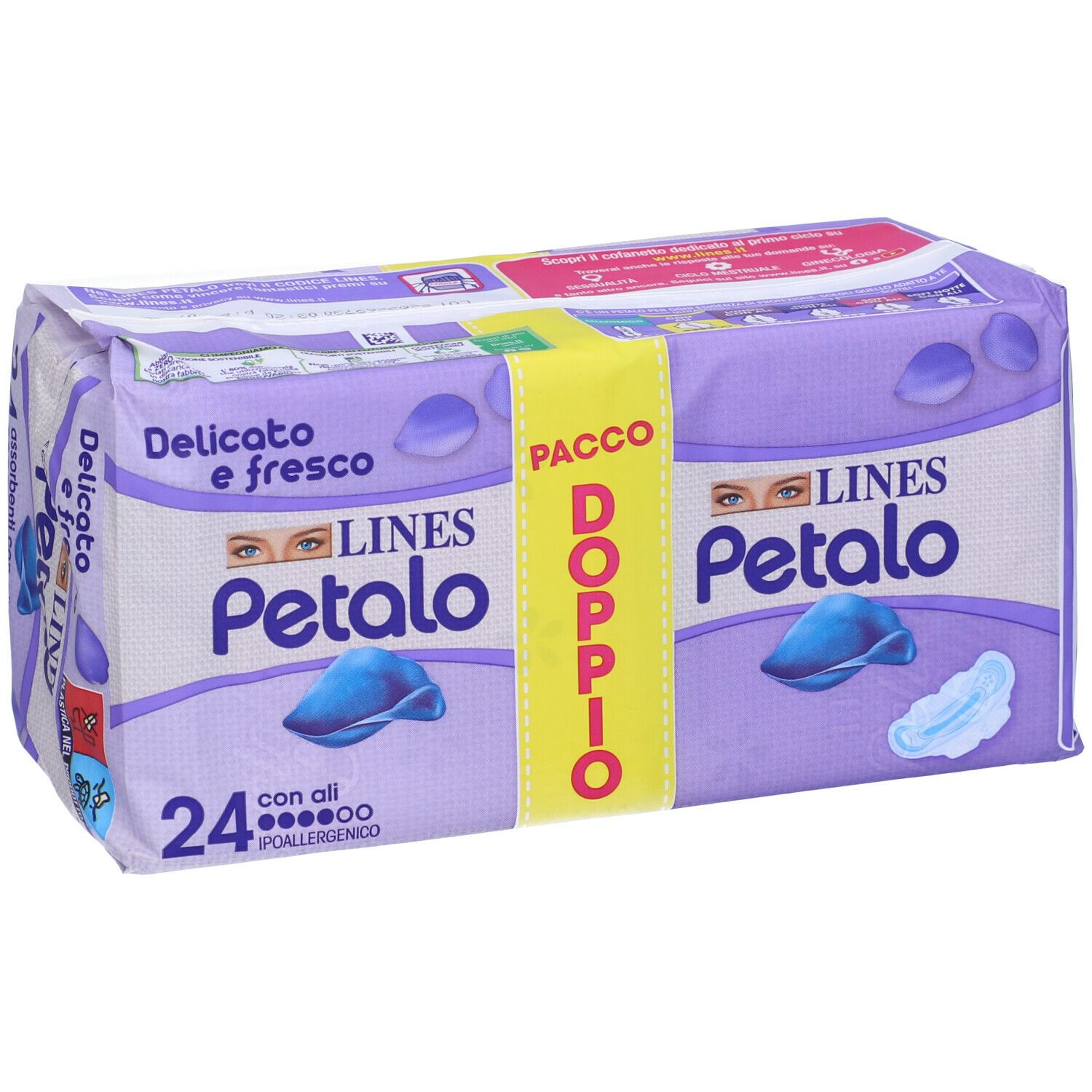 Confezione LINES Petalo Blu con Ali, doppio. Scritta: 24 pezzi, ipoallergenico.