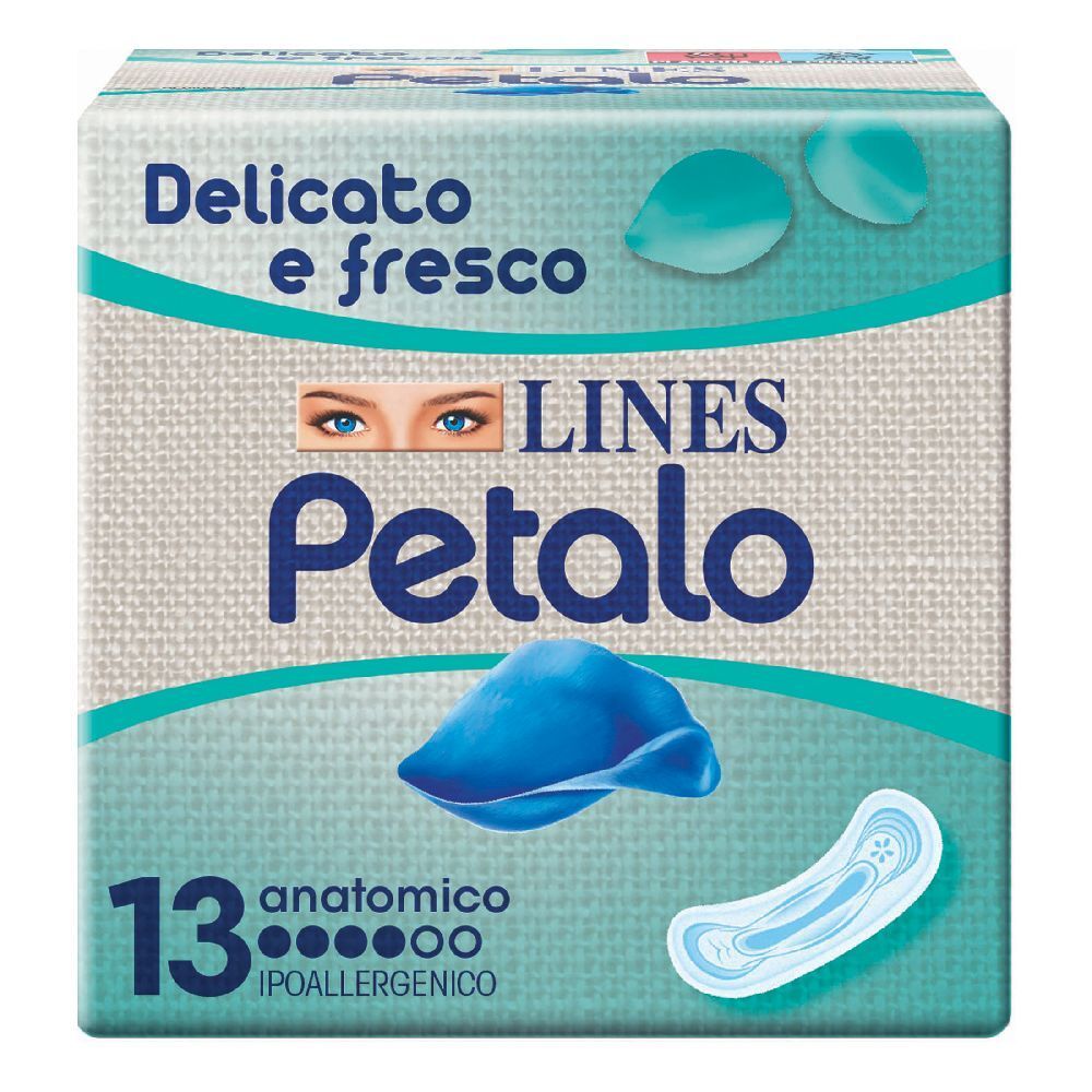 Confezione di LINES Petalo Blu Anatomico. Scritta: 13 pezzi, Delicato e fresco, ipoallergenico. Immagine del prodotto.
