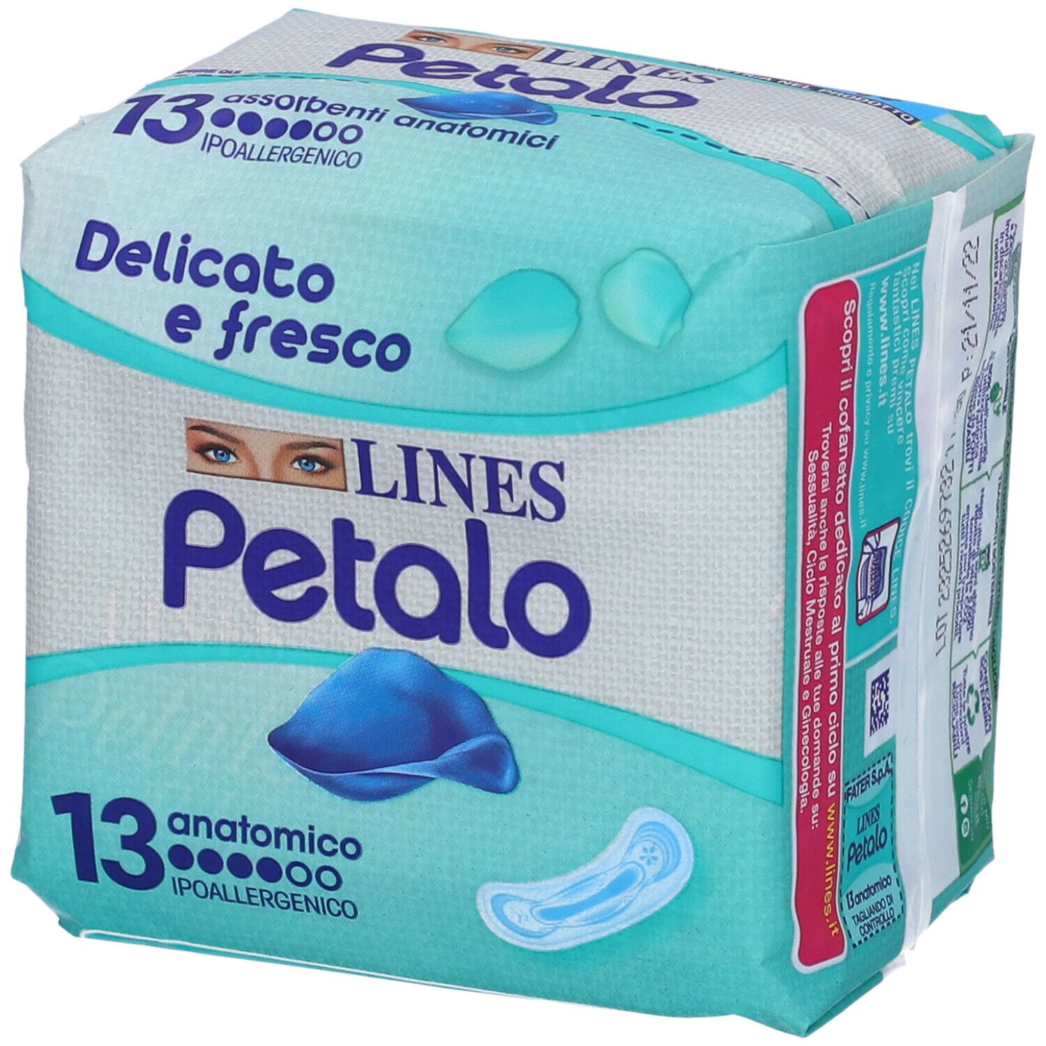 Confezione di LINES Petalo Blu Anatomico. Scritta: 13 pezzi, Delicato e fresco, ipoallergenico. Vista del prodotto.