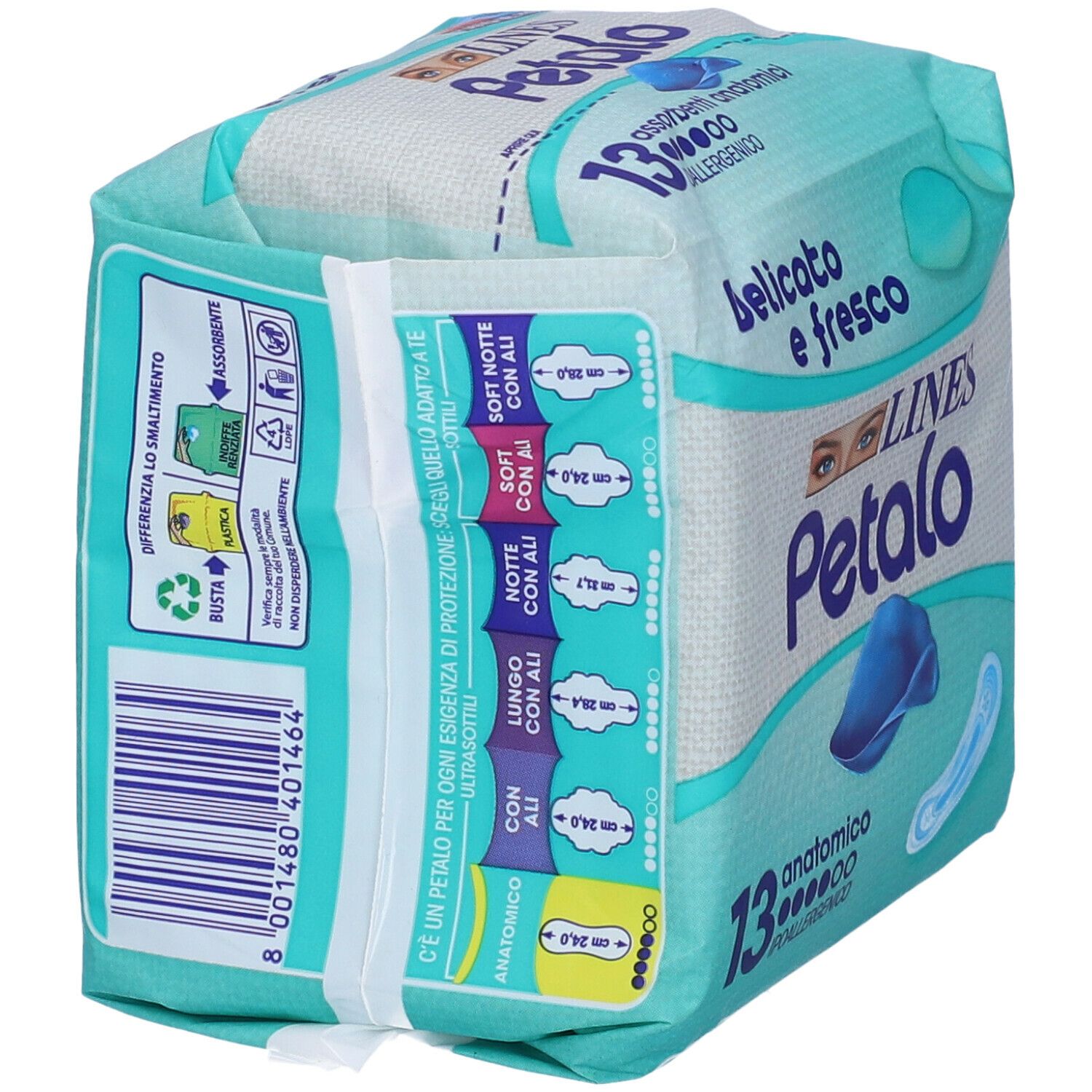 Confezione di LINES Petalo Blu Anatomico. Scritta: 13 pezzi, Delicato e fresco, ipoallergenico. Vista laterale con informazioni.