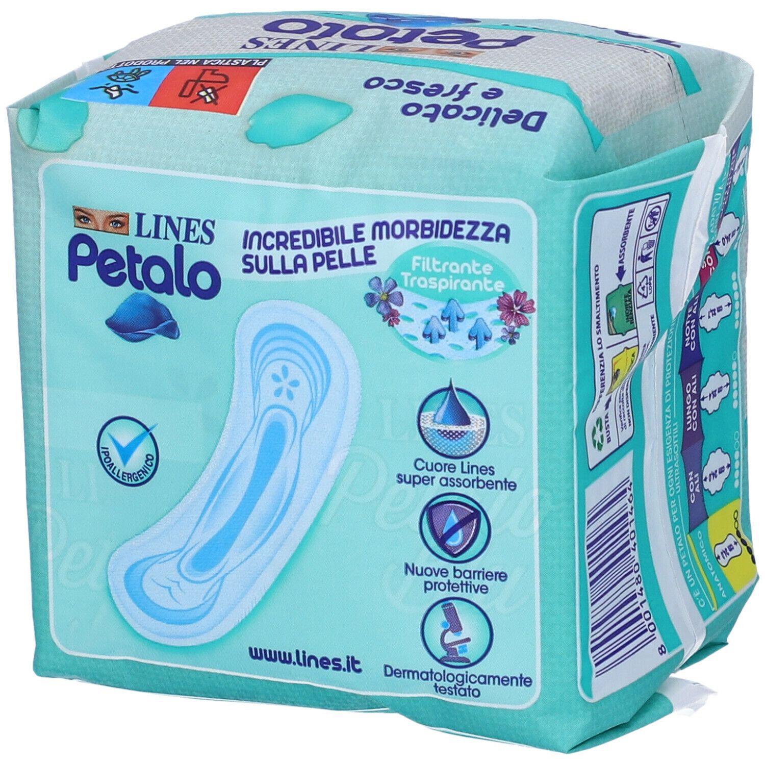 Confezione di LINES Petalo Blu Anatomico. Scritta: 13 pezzi, Delicato e fresco, ipoallergenico. Caratteristiche del prodotto.
