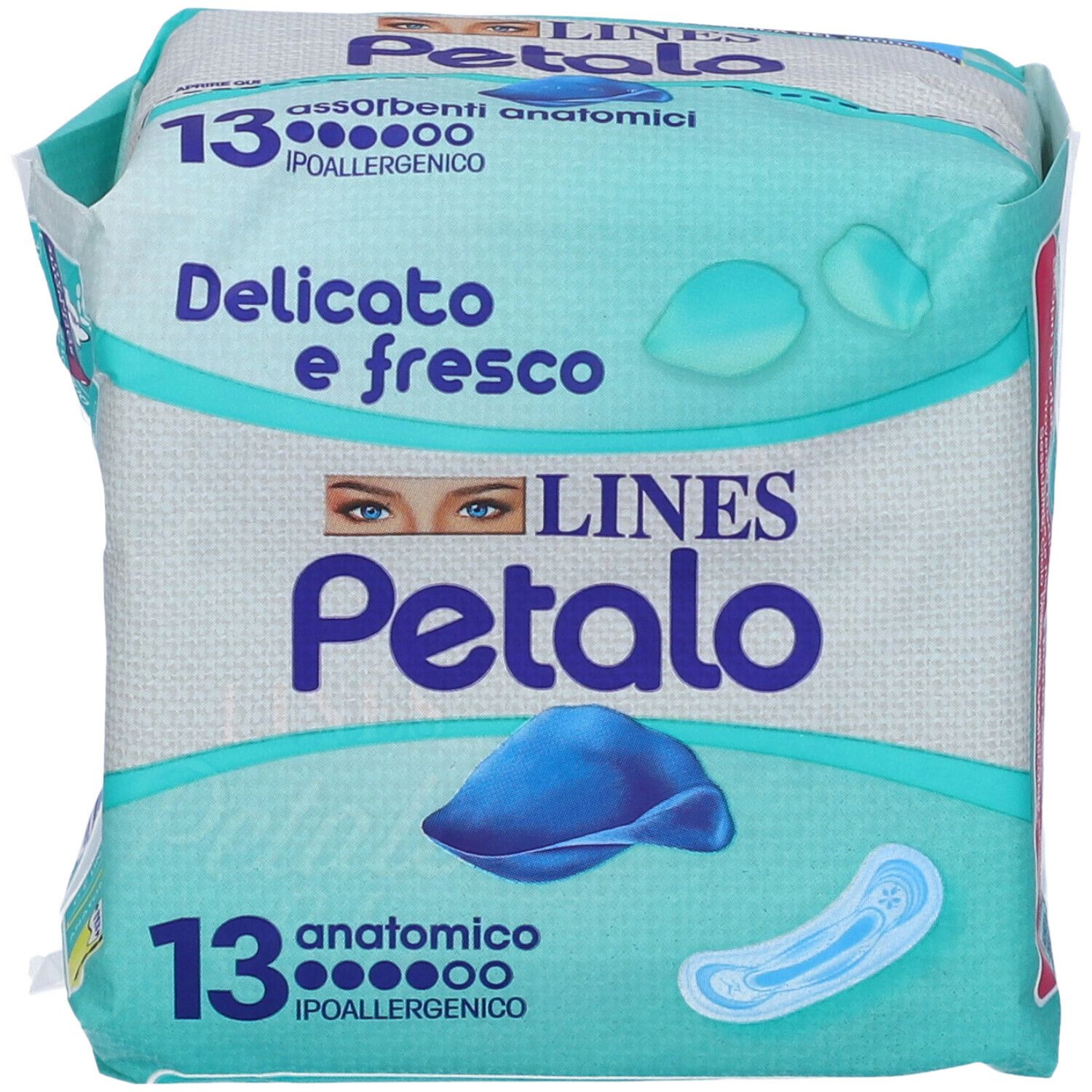 Confezione di LINES Petalo Blu Anatomico. Scritta: 13 pezzi, Delicato e fresco, ipoallergenico. Vista del prodotto.