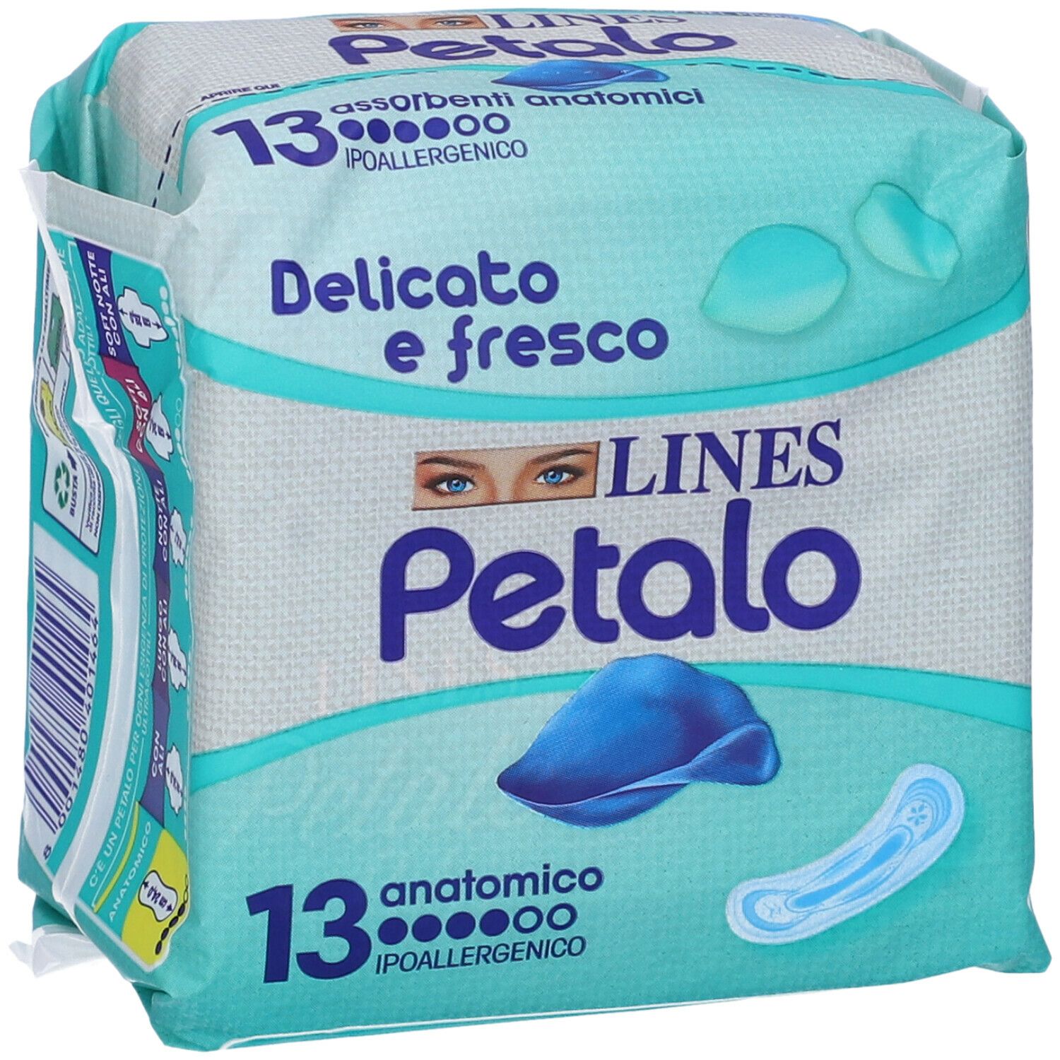 Confezione di LINES Petalo Blu Anatomico. Scritta: 13 pezzi, Delicato e fresco, ipoallergenico. Vista del prodotto.