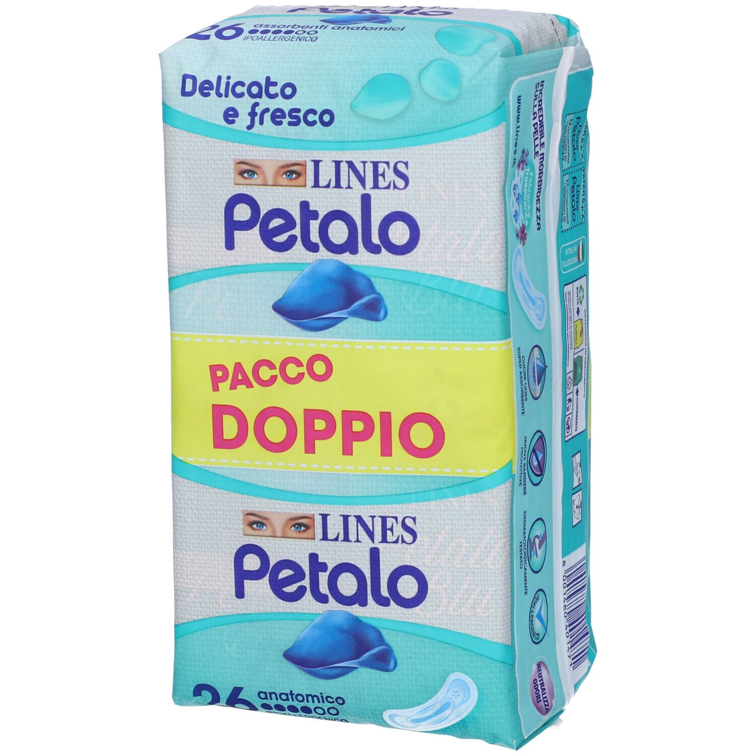 Confezione LINES Petalo, 'Delicato e fresco', 'Pacco Doppio'. 26 assorbenti anatomici. Vista laterale.