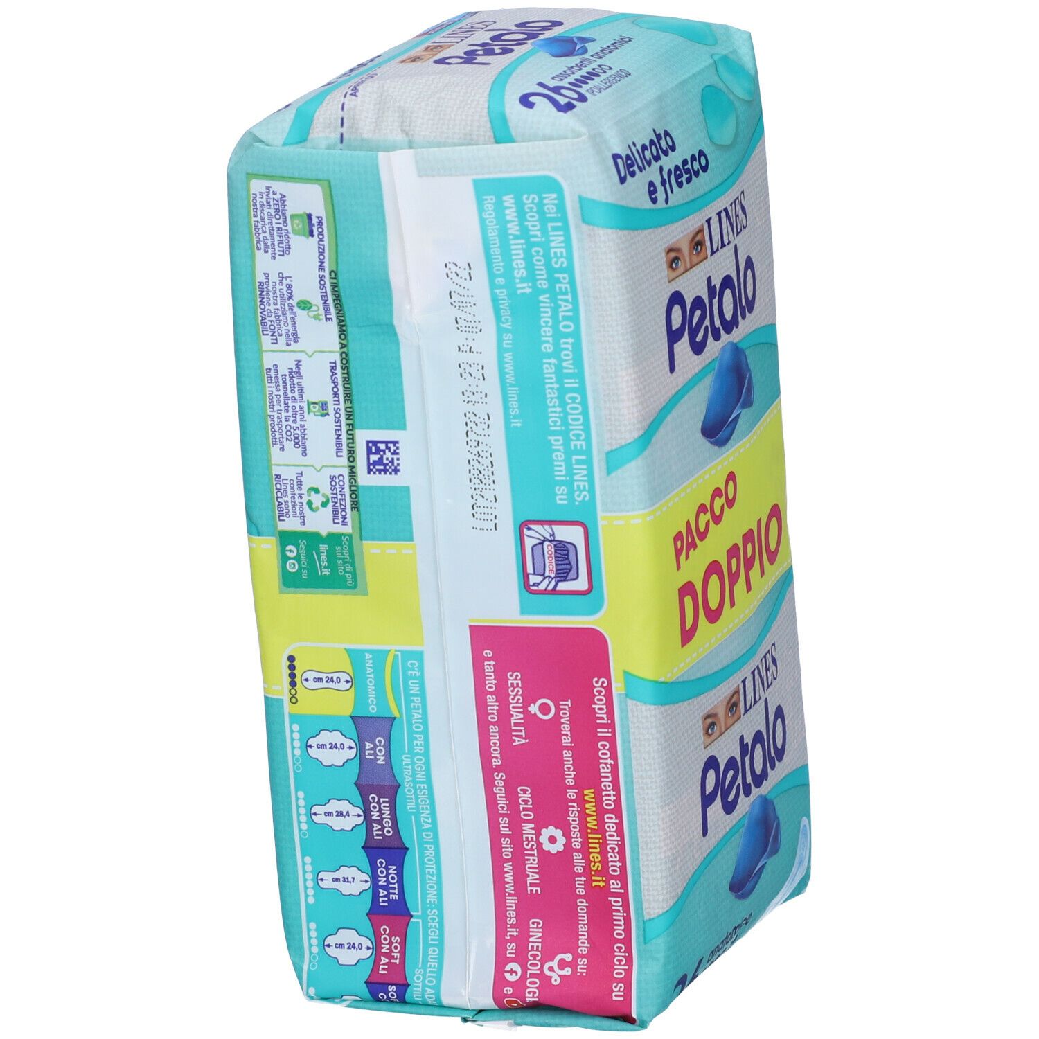 Confezione LINES Petalo, 'Delicato e fresco', 'Pacco Doppio'. 26 assorbenti anatomici. Retro con testo.